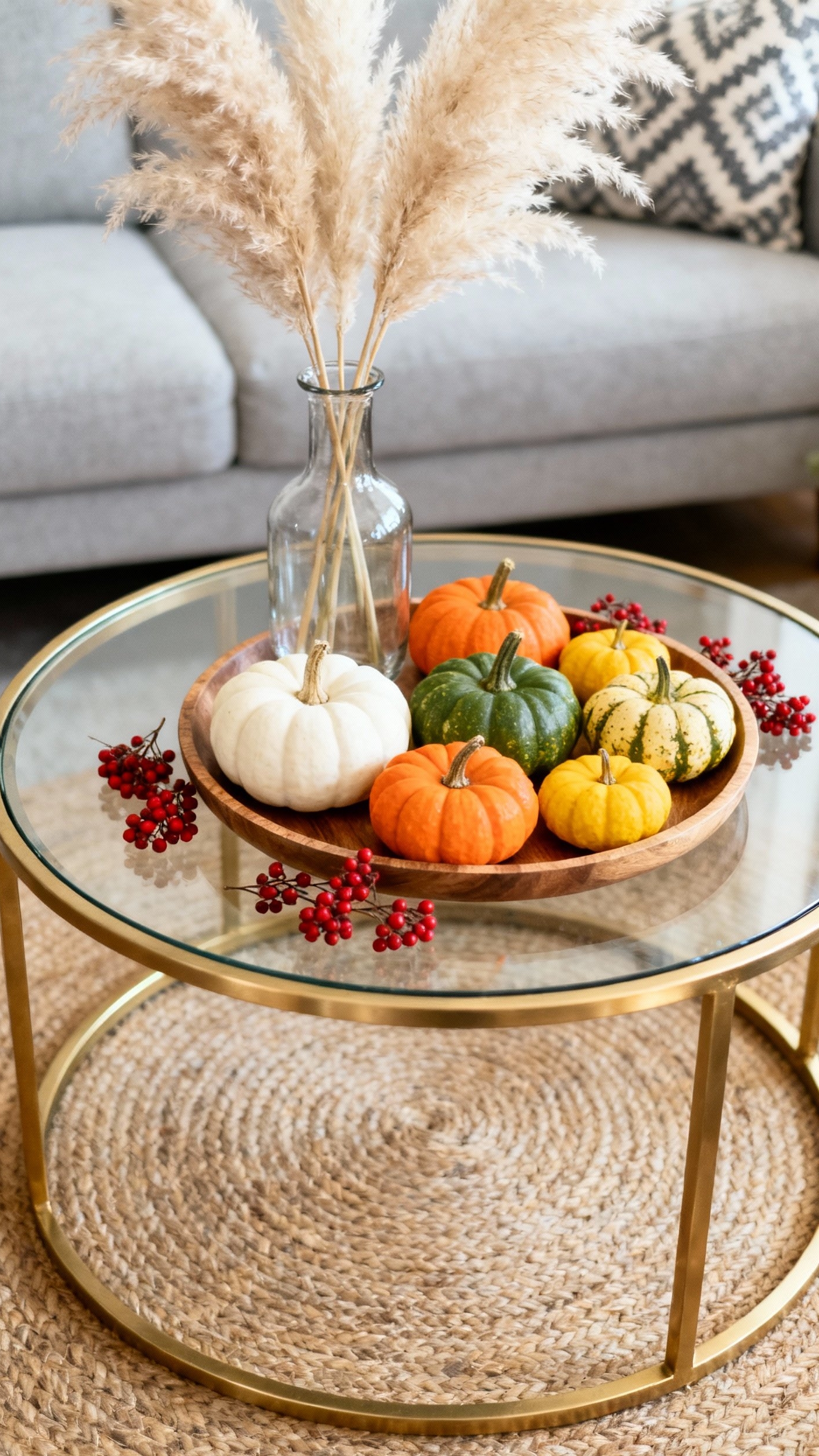 living room modern fall decor ideas - Fall Flair: Modern Living Room Decor - A brushed gold, round coffee table immediately catches...