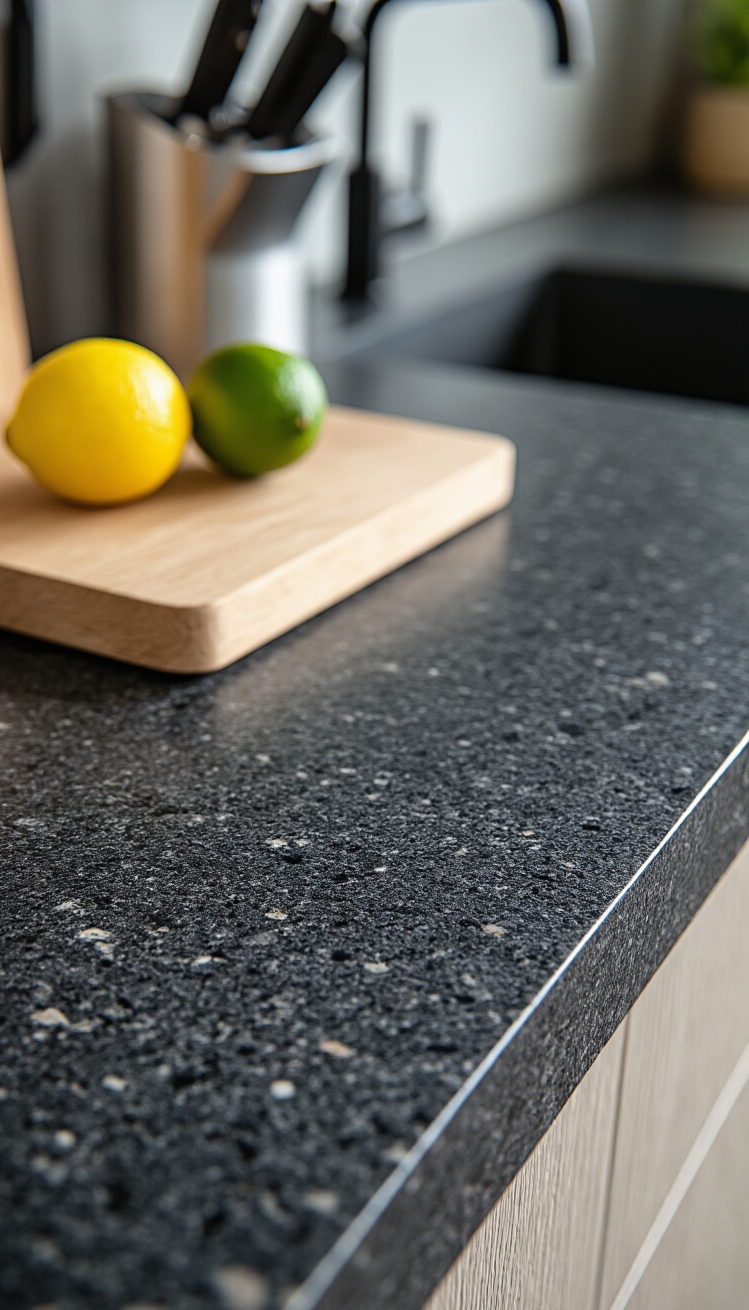 Black Kitchen Inspiration - Black Kitchens: Granite Texture & Style - Honed black granite stretches across the kitchen countertop,...