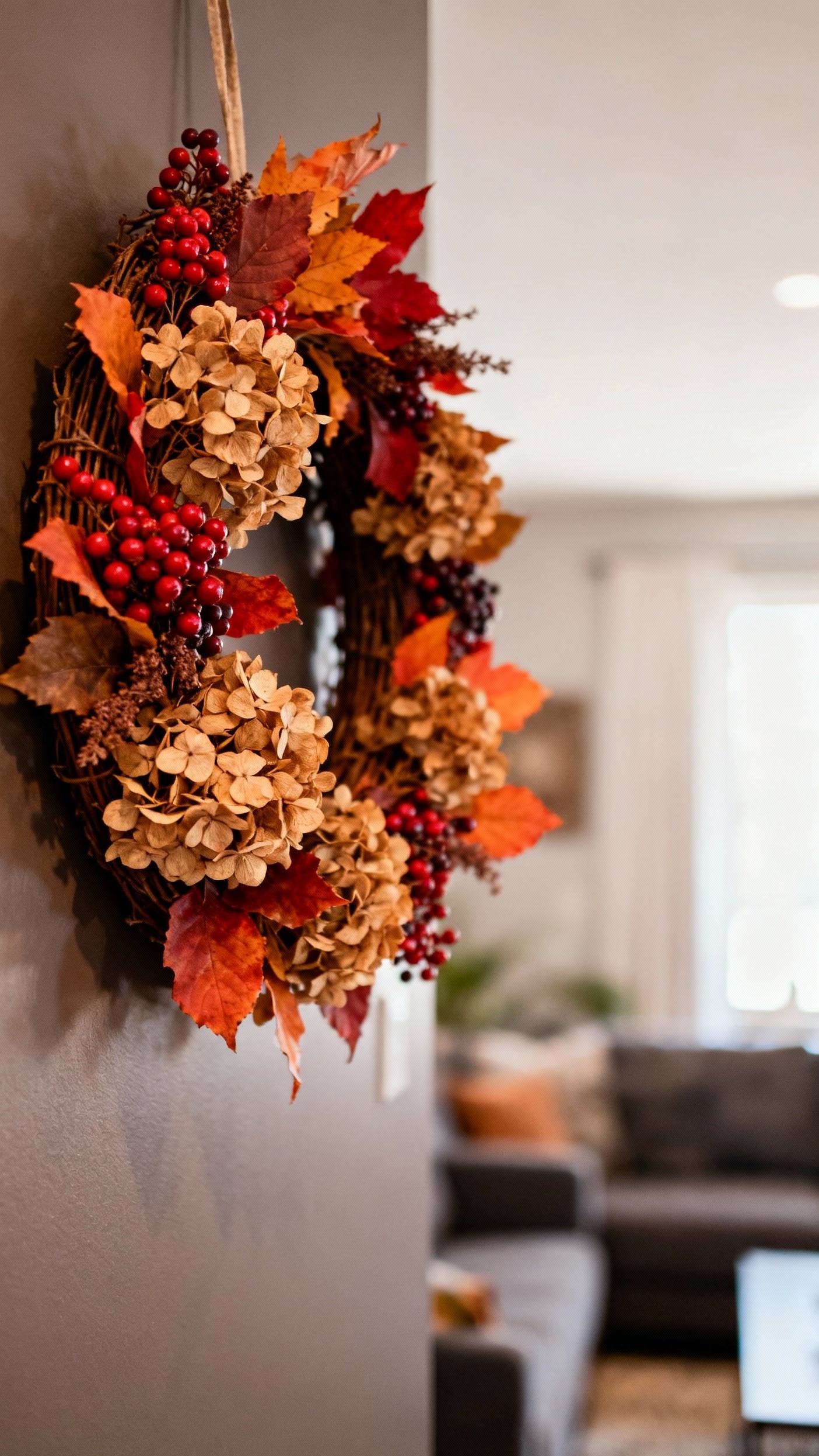 living room modern fall decor ideas - Modern Fall Living Room Refresh - living room modern fall decor ideas - A handcrafted fall wreath commands attention against a...