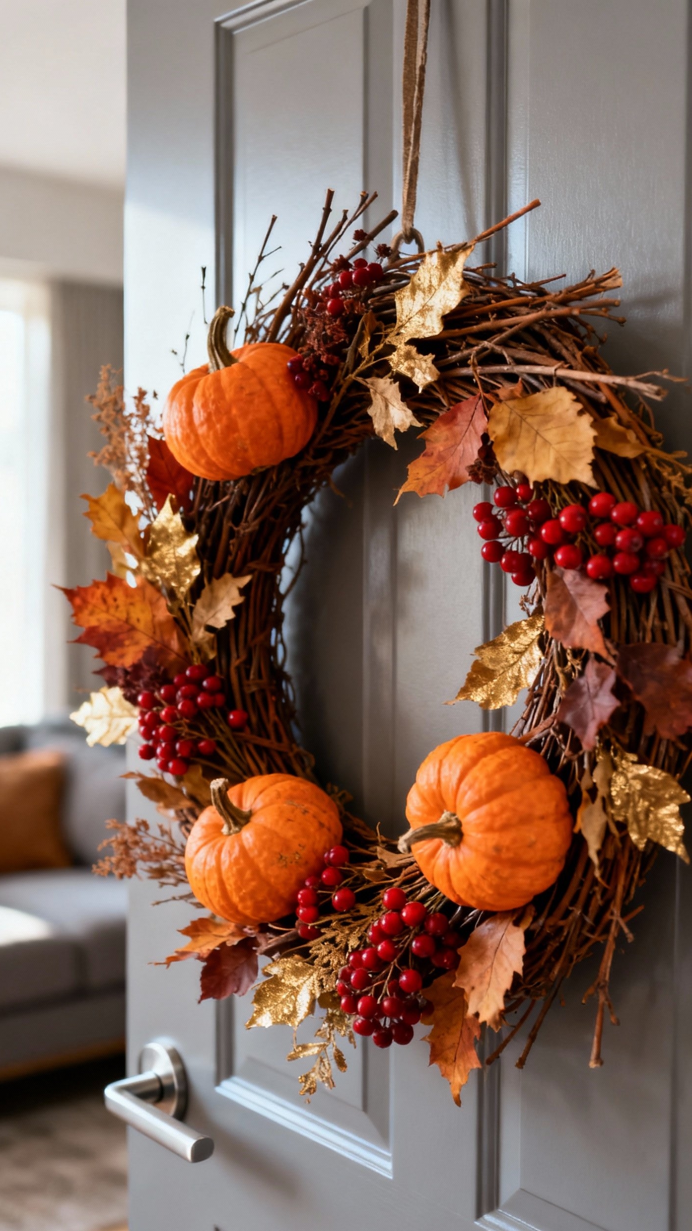 living room modern fall decor ideas - Fall Decor: Modern Living Room Style - The camera captures a stunning fall wreath gracing...