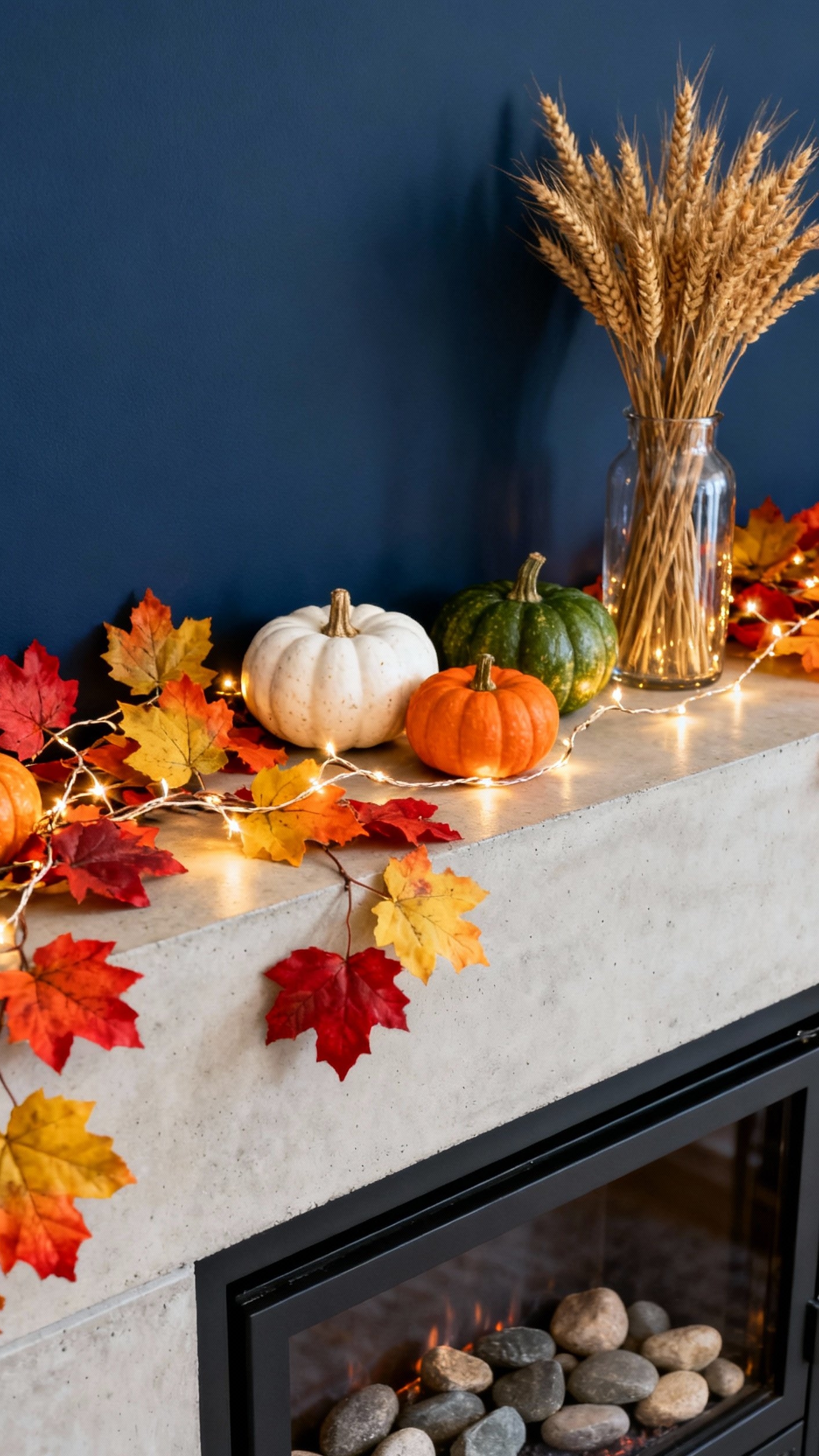 living room modern fall decor ideas - Fall Fireplace Mantel: Modern Decor - A light concrete mantel immediately grabs your attention...
