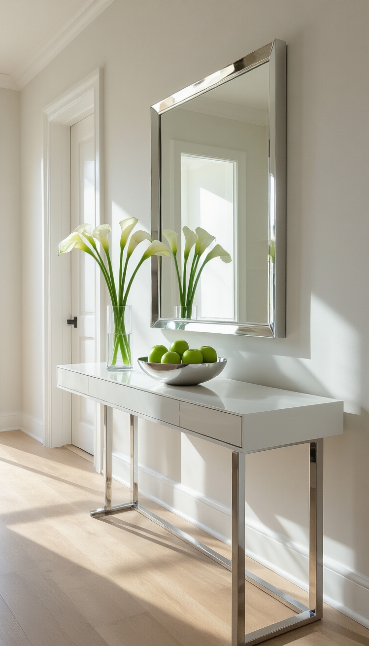 Hallway table ideas - Hallway Table Ideas: Style Meets Function - Sunlight floods a modern hallway, highlighting a crisp,...