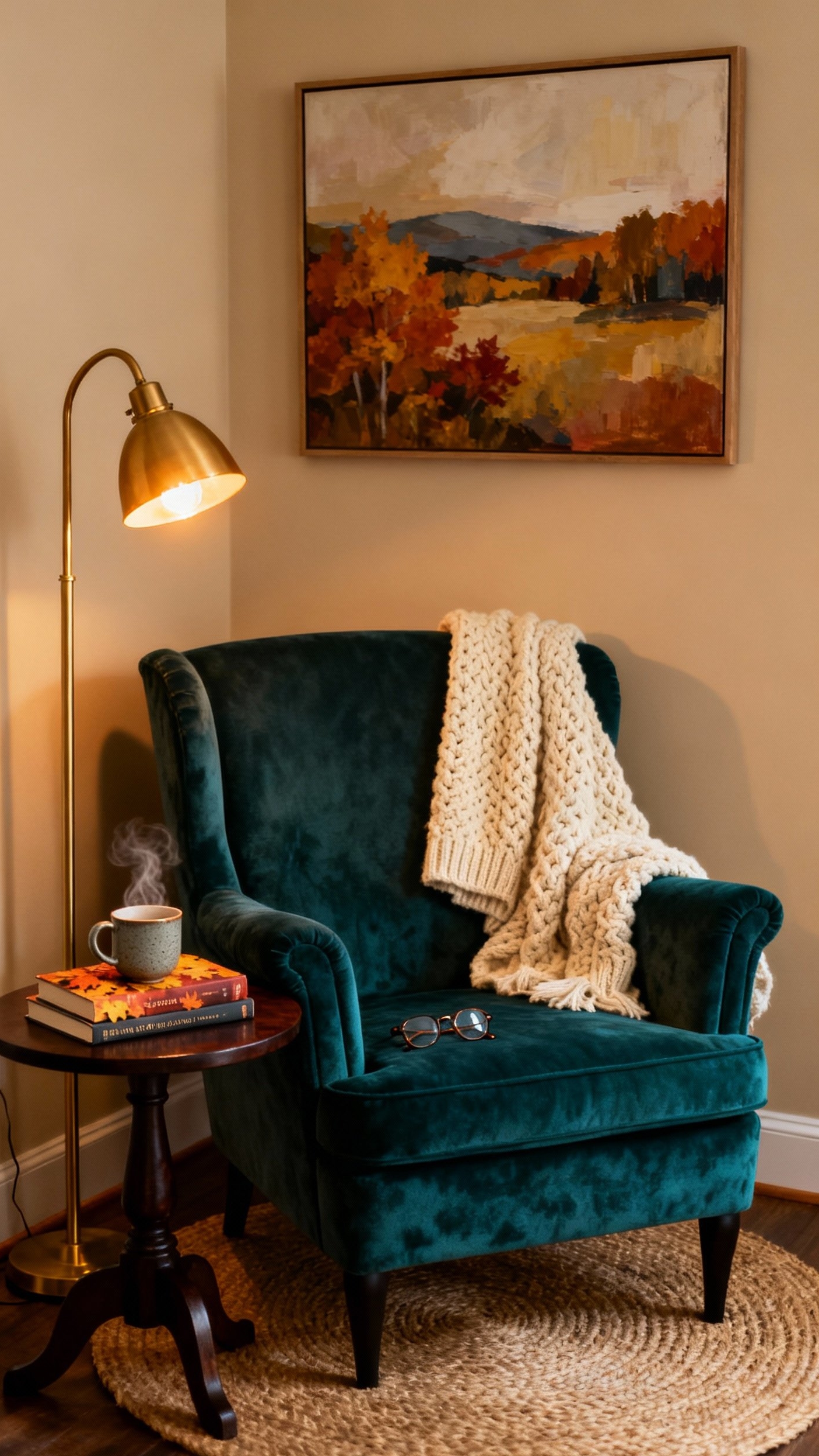 living room modern fall decor ideas - Modern Fall Living Room Nook Ideas - A deep teal velvet armchair beckons from a...