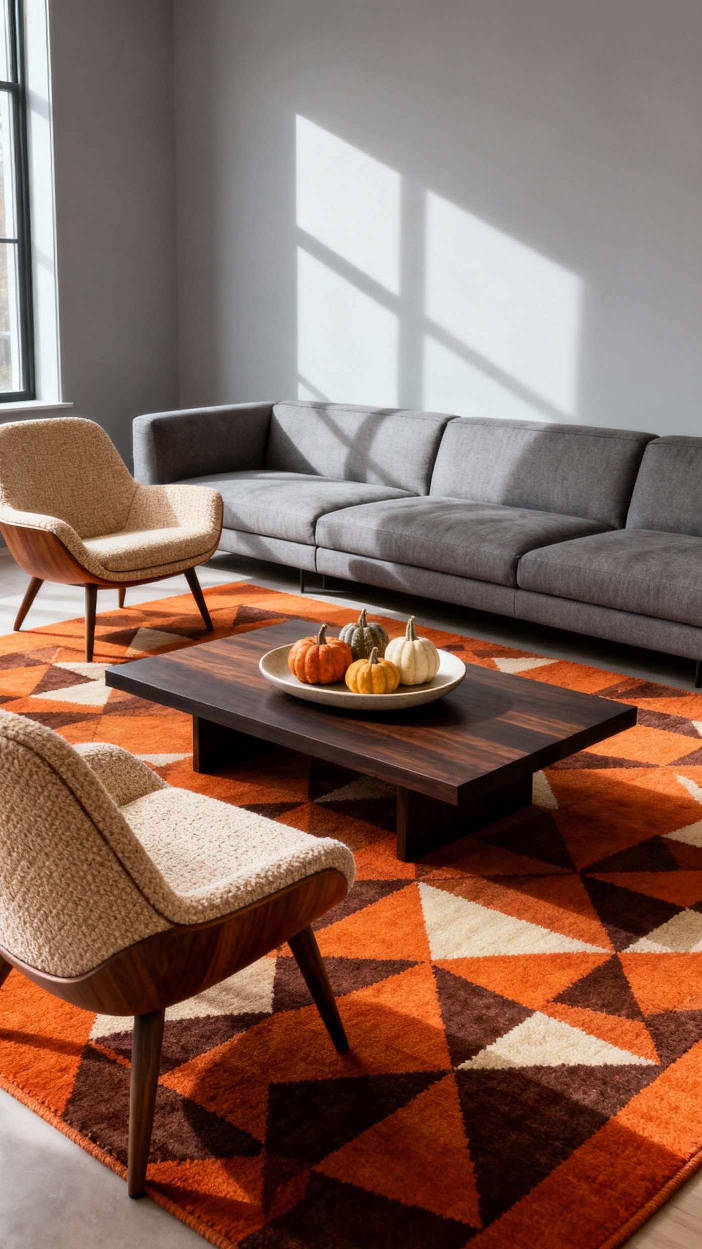 living room modern fall decor ideas - Fall Rugs: Modern Living Room Style - A geometric area rug immediately grabs your attention...
