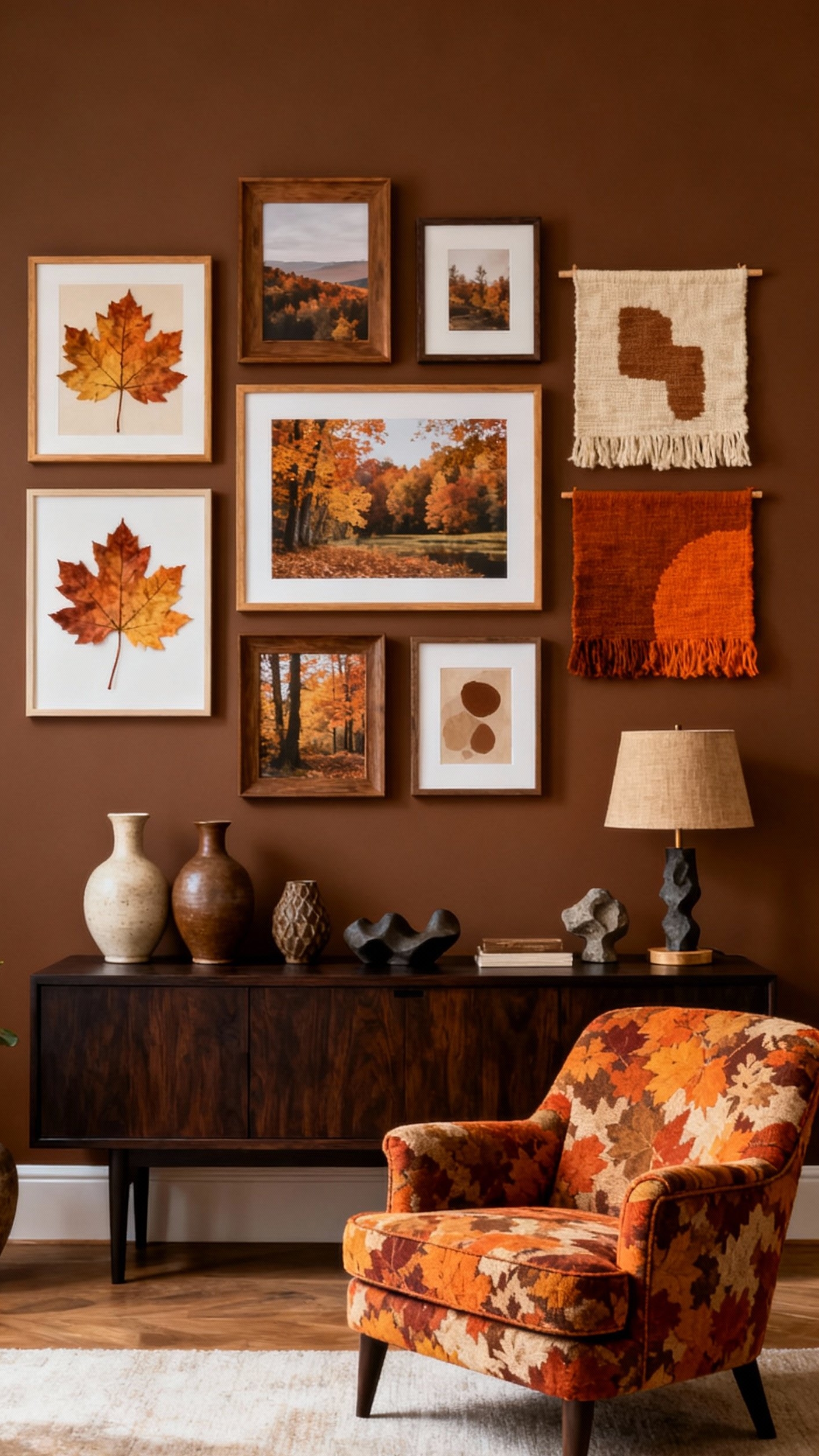 living room modern fall decor ideas - Fall Gallery Walls: Modern Living Room - A deep, warm brown wall immediately envelops you...