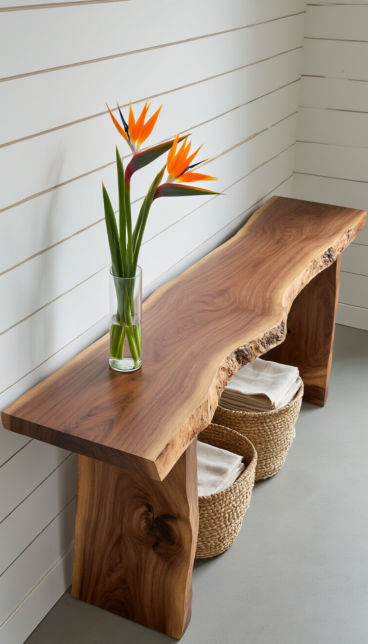 Hallway table ideas - Hallway Table Ideas: Natural Meets Modern - A live-edge walnut hallway table stretches along a...