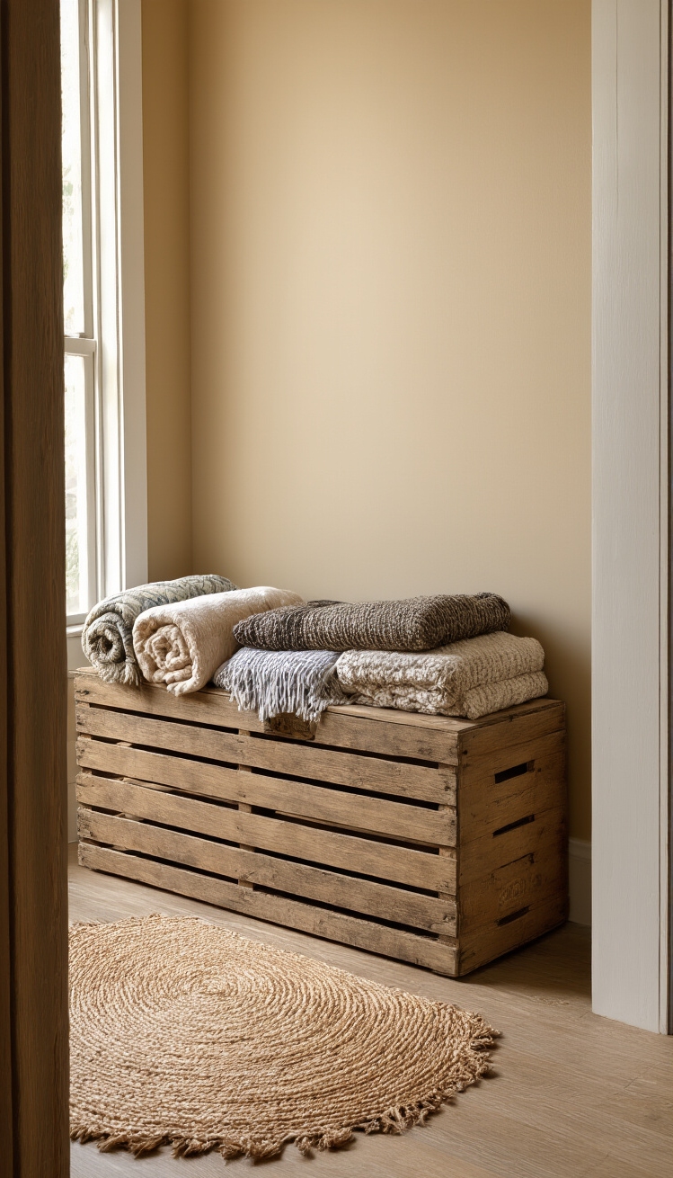 Hallway table ideas - Hallway Table Ideas: Rustic Repurposed Charm - A rustic wooden crate anchors this small entryway,...