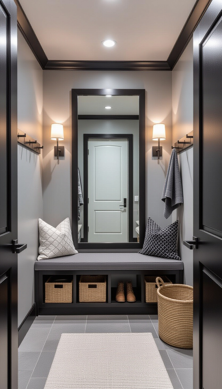 Mud Room With Mirror - Mirror, Bench, and Calm: Mudroom Bliss - The mudroom exudes a sense of calm as...
