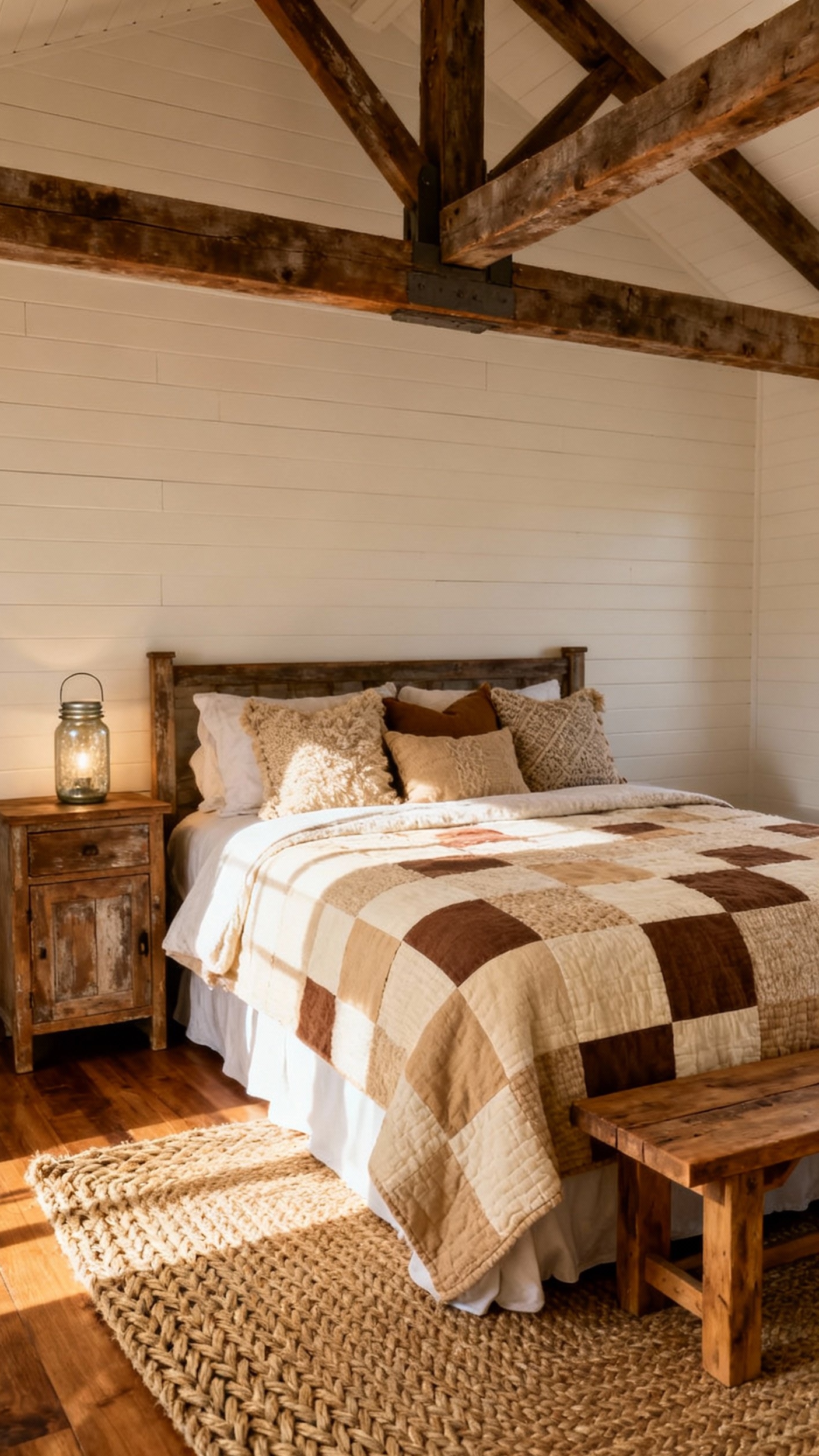 Neutral Tones Bedroom - Neutral Bedroom Bliss: Farmhouse Style - This bedroom whispers cozy farmhouse charm with its...