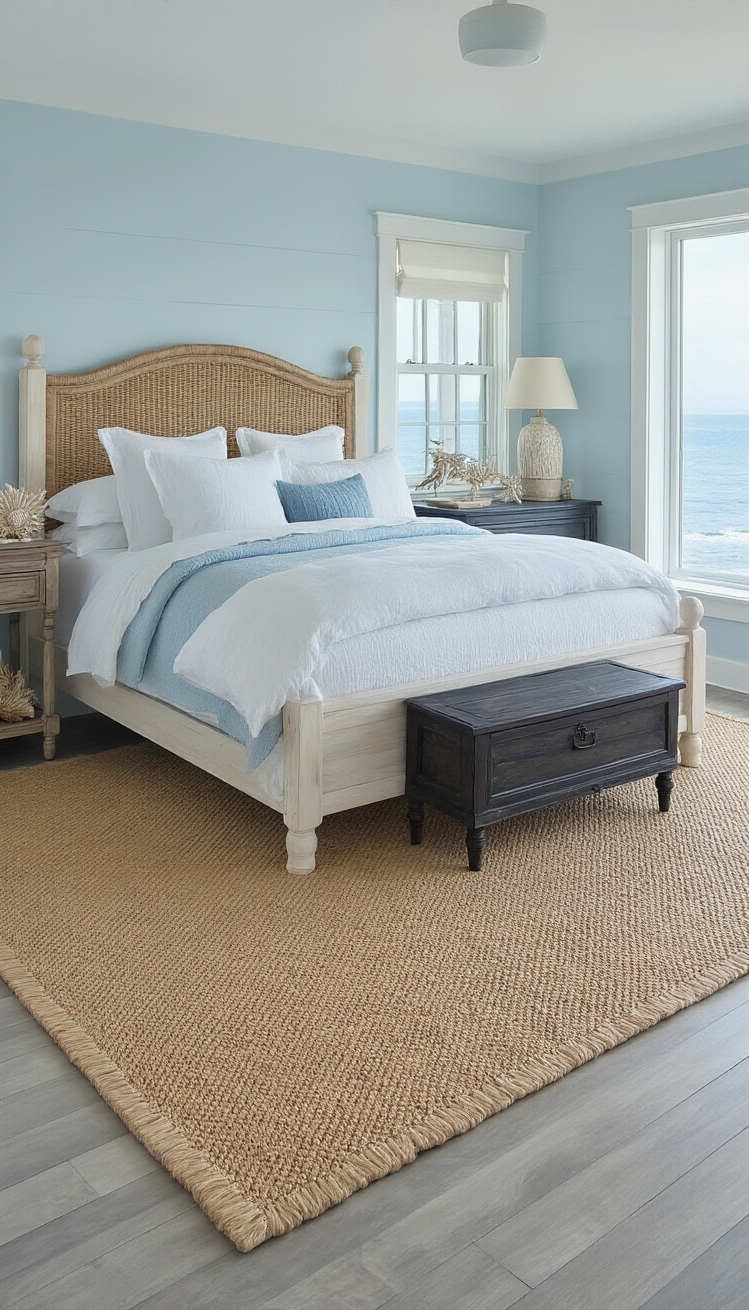 Mixing Wood Tones Bedroom - Wood Tones: Coastal Bedroom Harmony - Sunlight streams into this coastal bedroom, highlighting the...