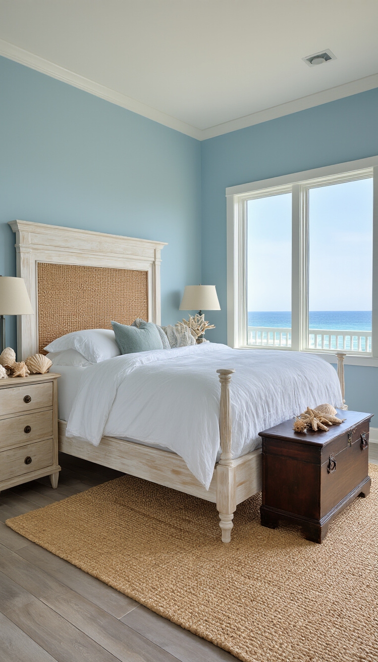 Mixing Wood Tones Bedroom - Mixing Wood Tones: Coastal Bedroom Bliss - The image showcases a serene, coastal bedroom that...