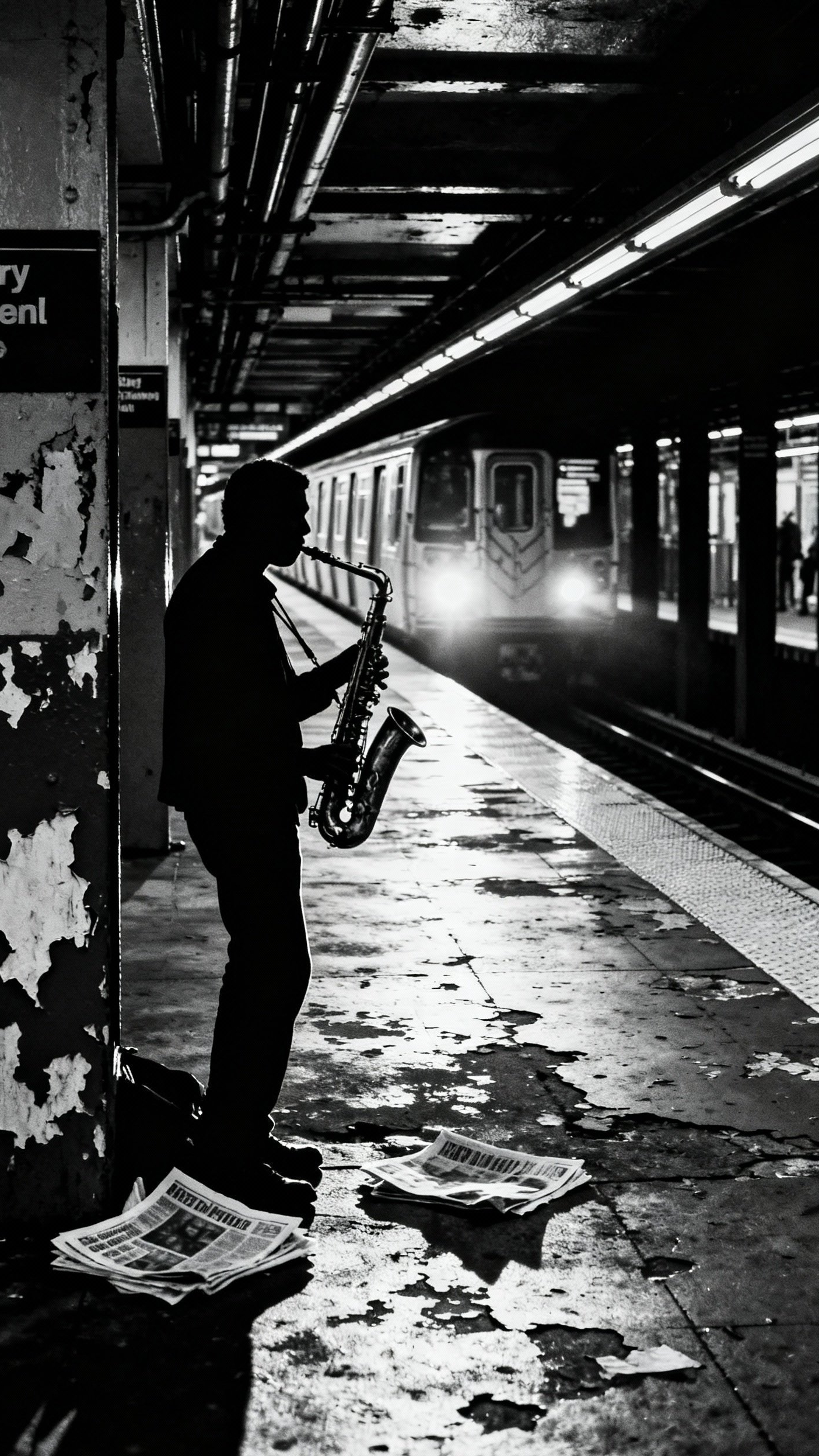Urban City Photography - Urban Echoes: Subway Serenade - The photograph captures a lone street musician pouring...