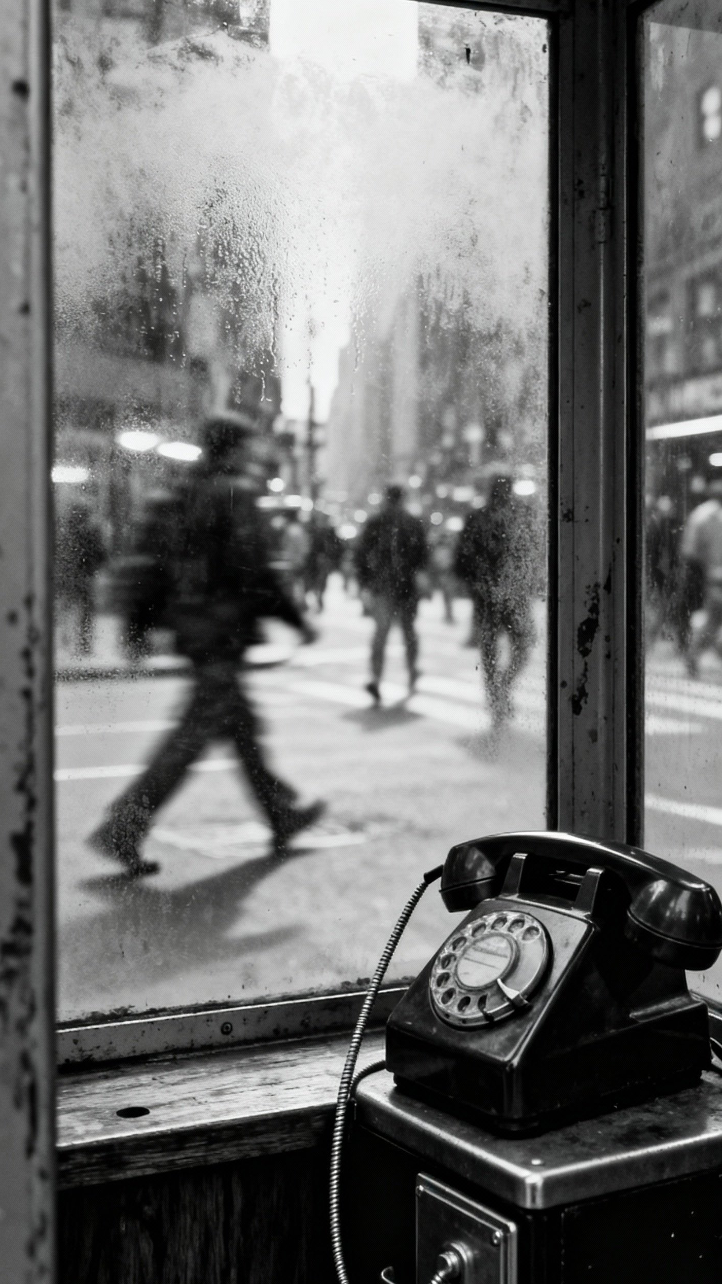 Urban City Photography - NYC Phone Booth: A Lost Connection - You peer through the fogged glass of a...