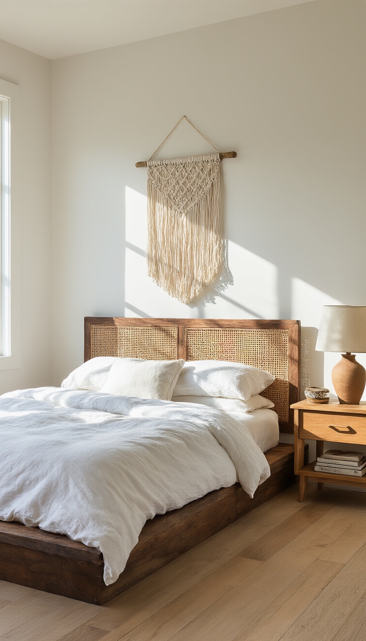 Mixing Wood Tones Bedroom - Wood Tone Harmony: Bedroom Bliss - Sunlight floods this bohemian bedroom, immediately creating a...