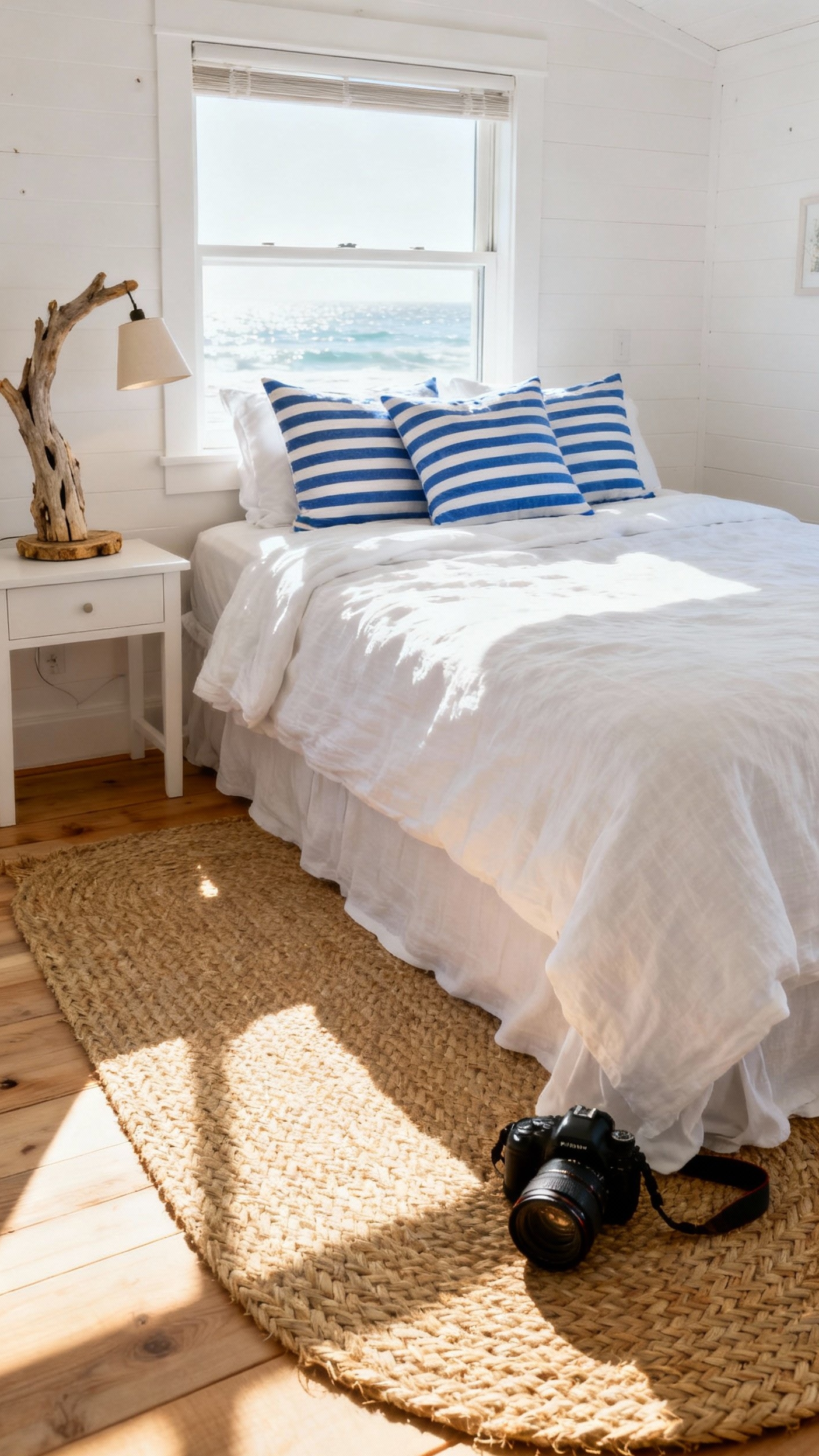 Neutral Tones Bedroom - Neutral Bedroom Bliss: Coastal Calm - Sunlight floods this coastal bedroom, instantly creating a...