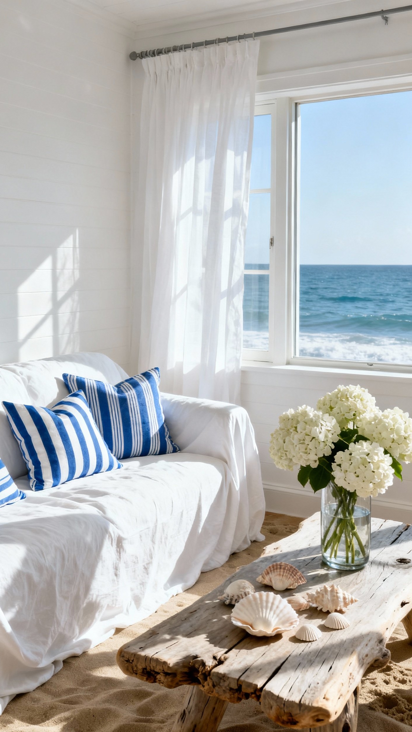 Living Room Inspo - Coastal Living Room: Breezy Serenity Awaits - Sunlight streams into this coastal living room, instantly...