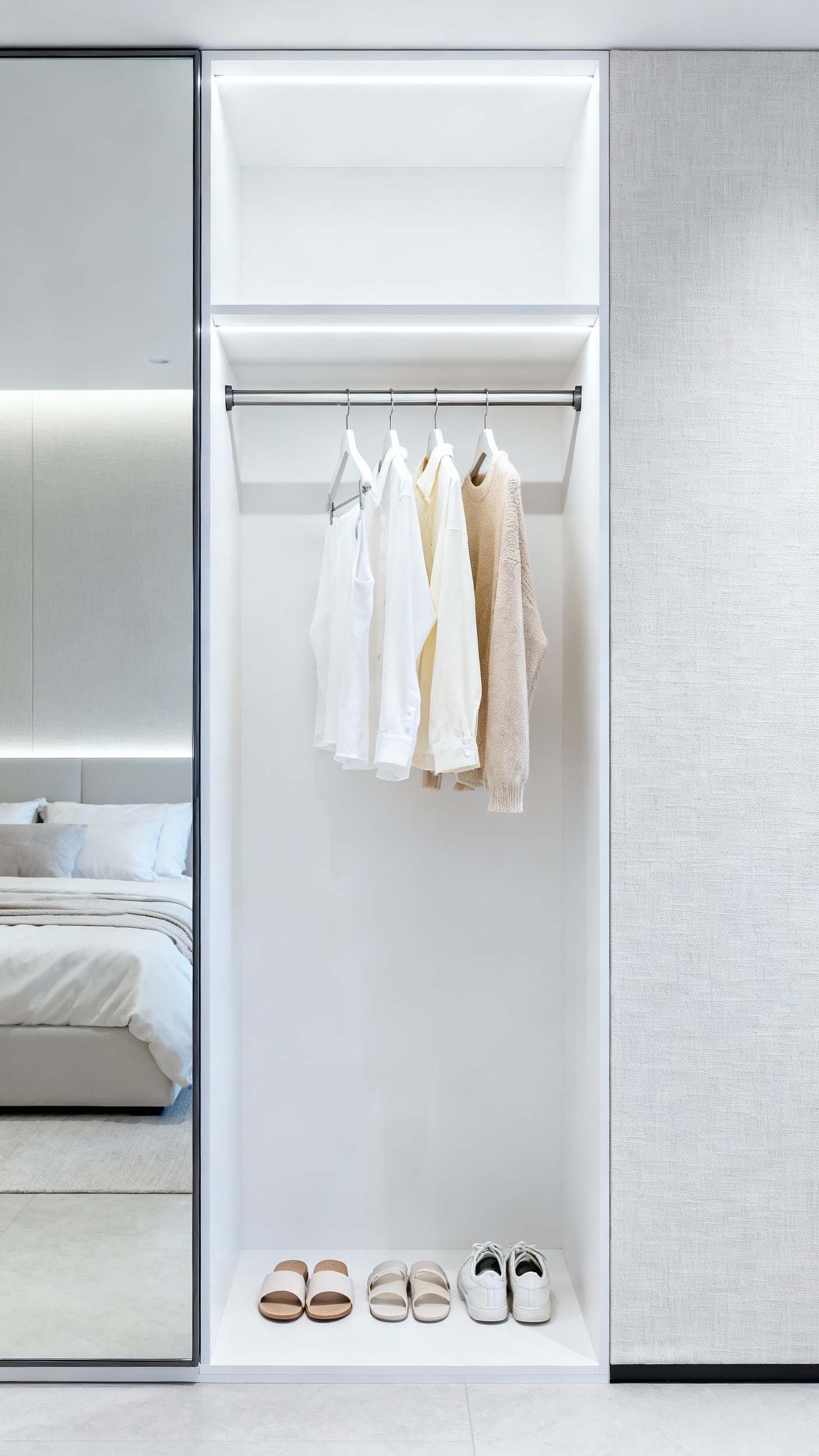 Small Closet Organization Bedroom - Small Closet, Big Style Bedroom - Small Closet Organization Bedroom - Mirrored closet doors amplify the natural light flooding...