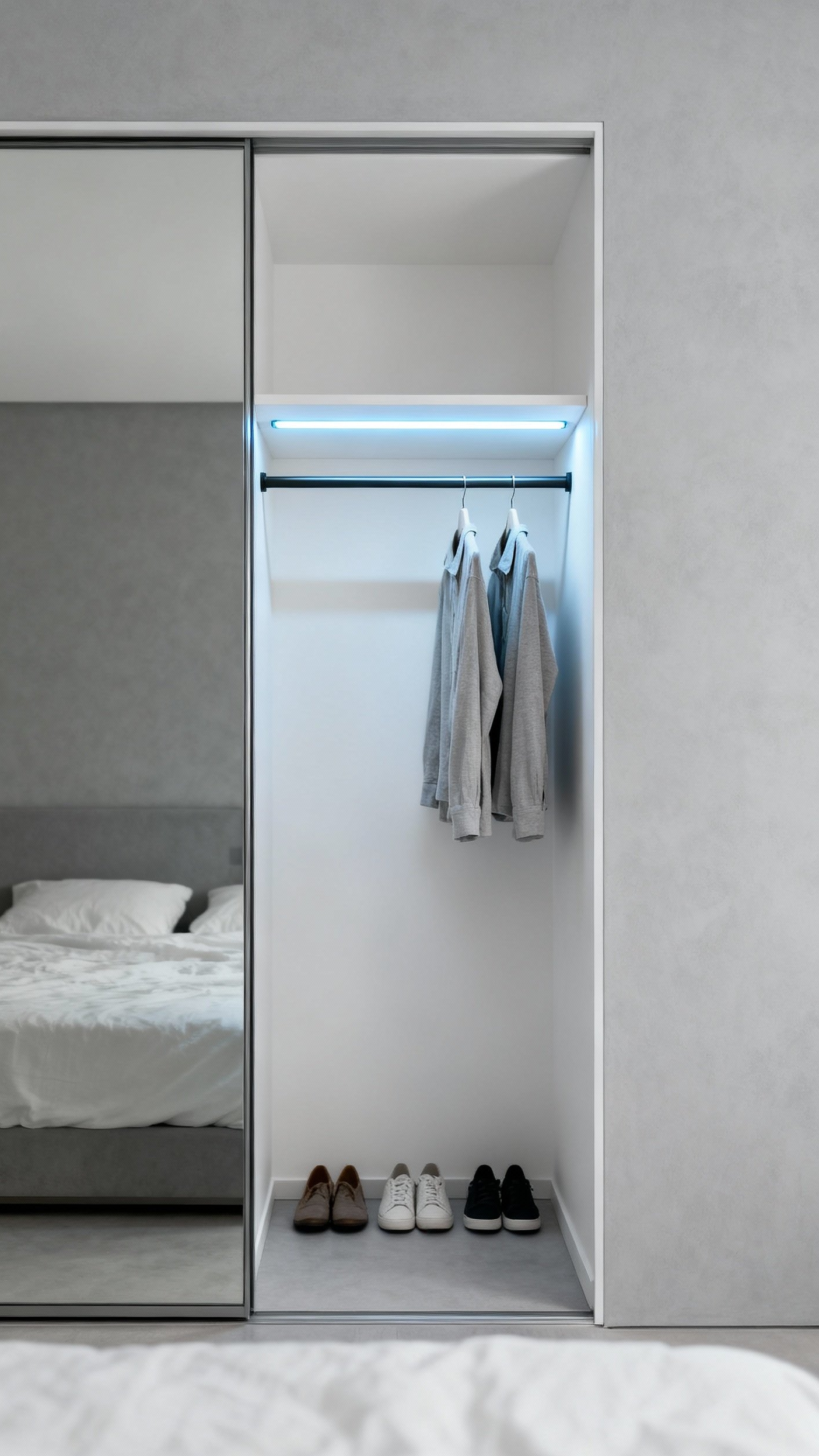 Small Closet Organization Bedroom - Small Closet, Big Style Bedroom - Small Closet Organization Bedroom - Mirrored closet doors reflect a serene, minimalist bedroom,...