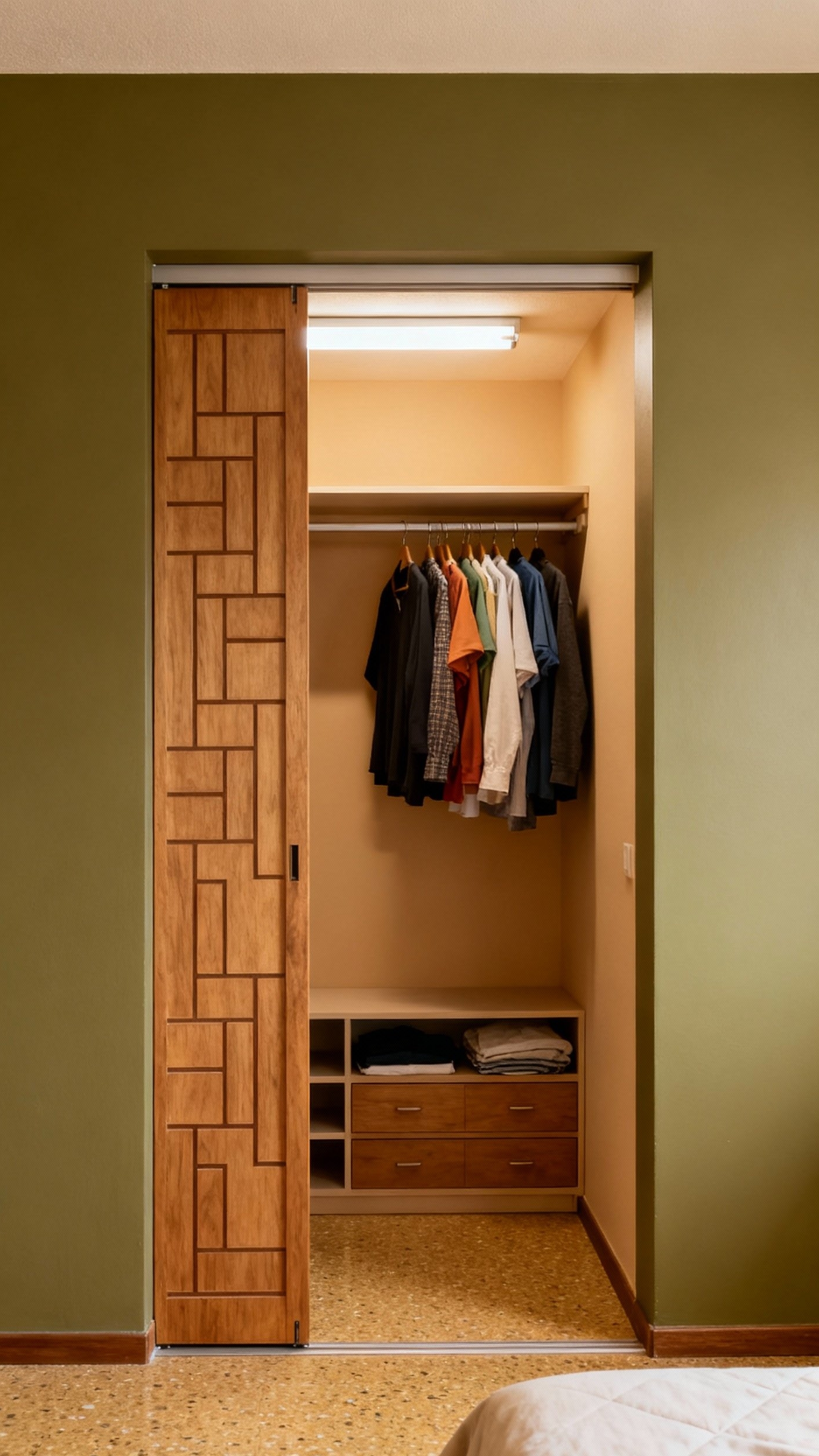Small Closet Organization Bedroom - Small Closet, Big Style Bedroom - Small Closet Organization Bedroom - Sliding wood doors, adorned with a subtle geometric...