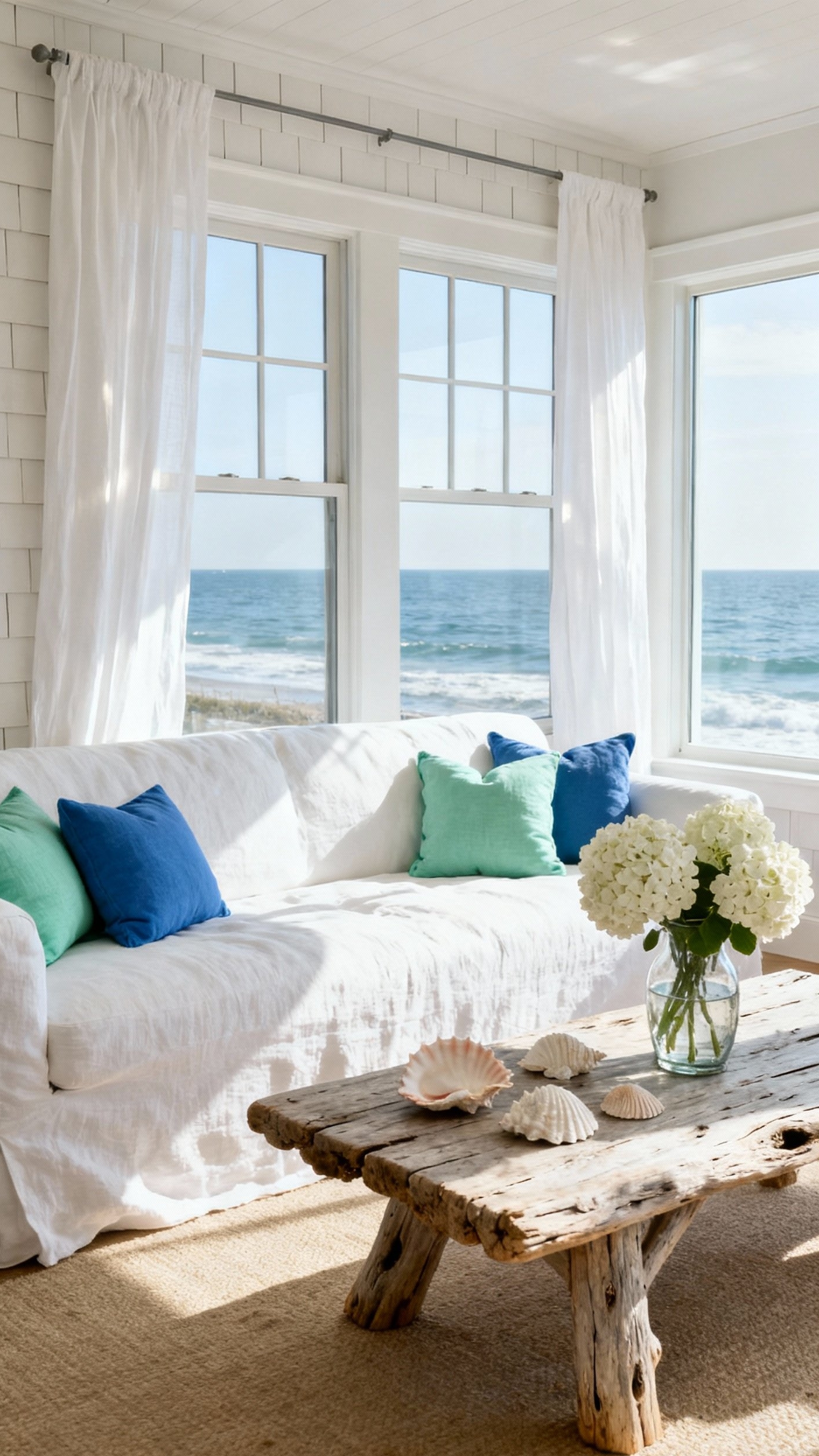 Living Room Inspo - Coastal Living Room: Breezy Serenity - Sunlight streams into this coastal living room, instantly...