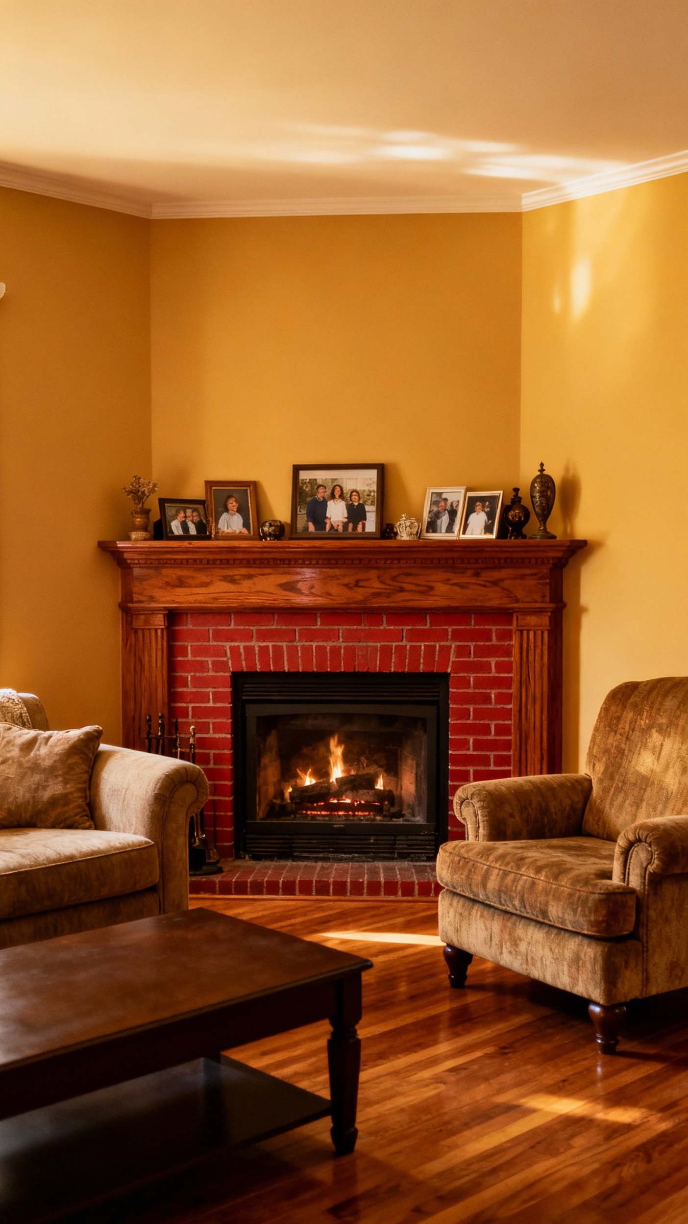 Living Room Inspo - Cozy Fireplace Living Room Ideas - The warm glow of a red brick fireplace...