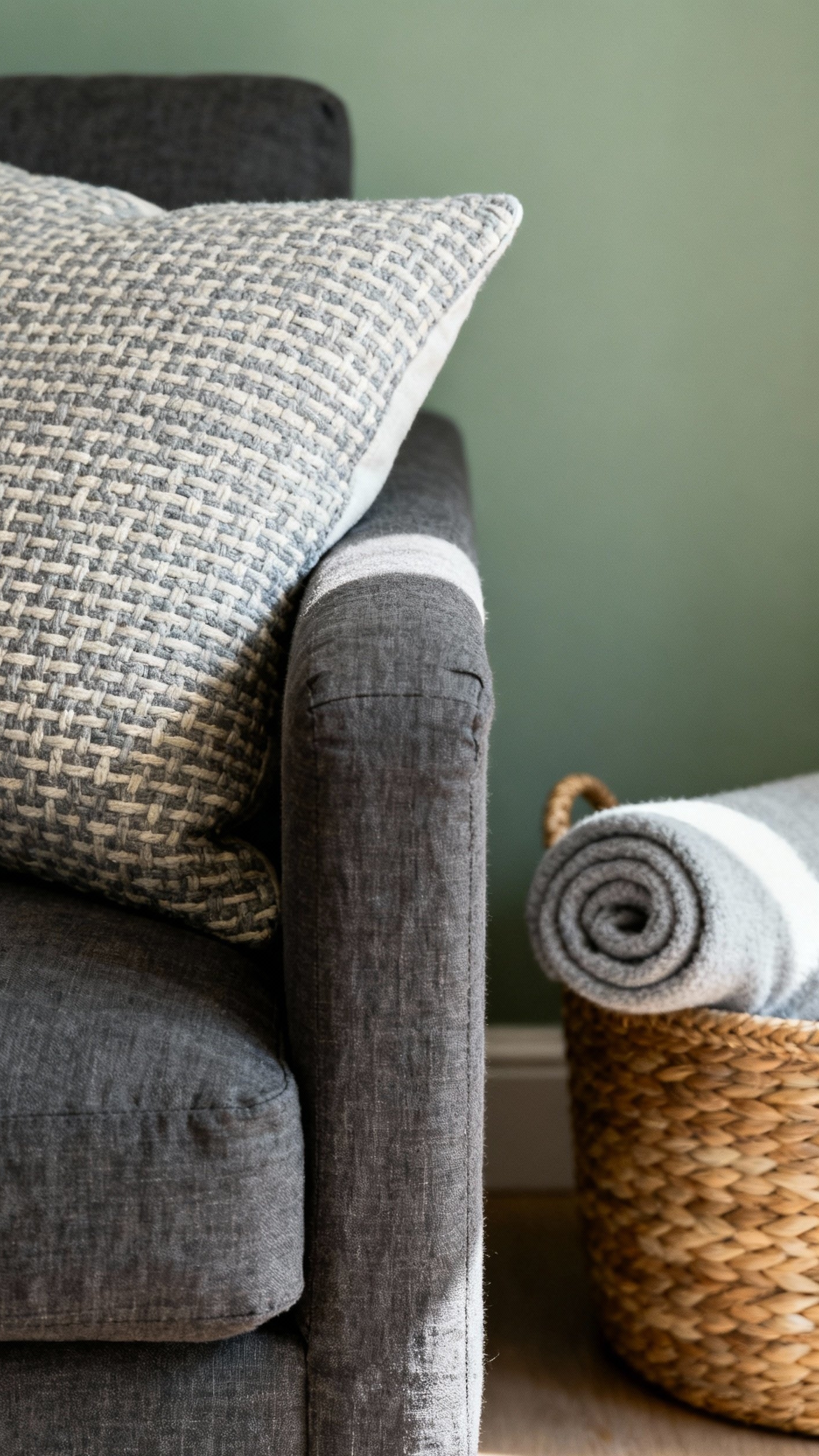 Dark Grey Couch Styling - Dark Grey Couch: Styling Details - The armrest of a dark grey linen couch...