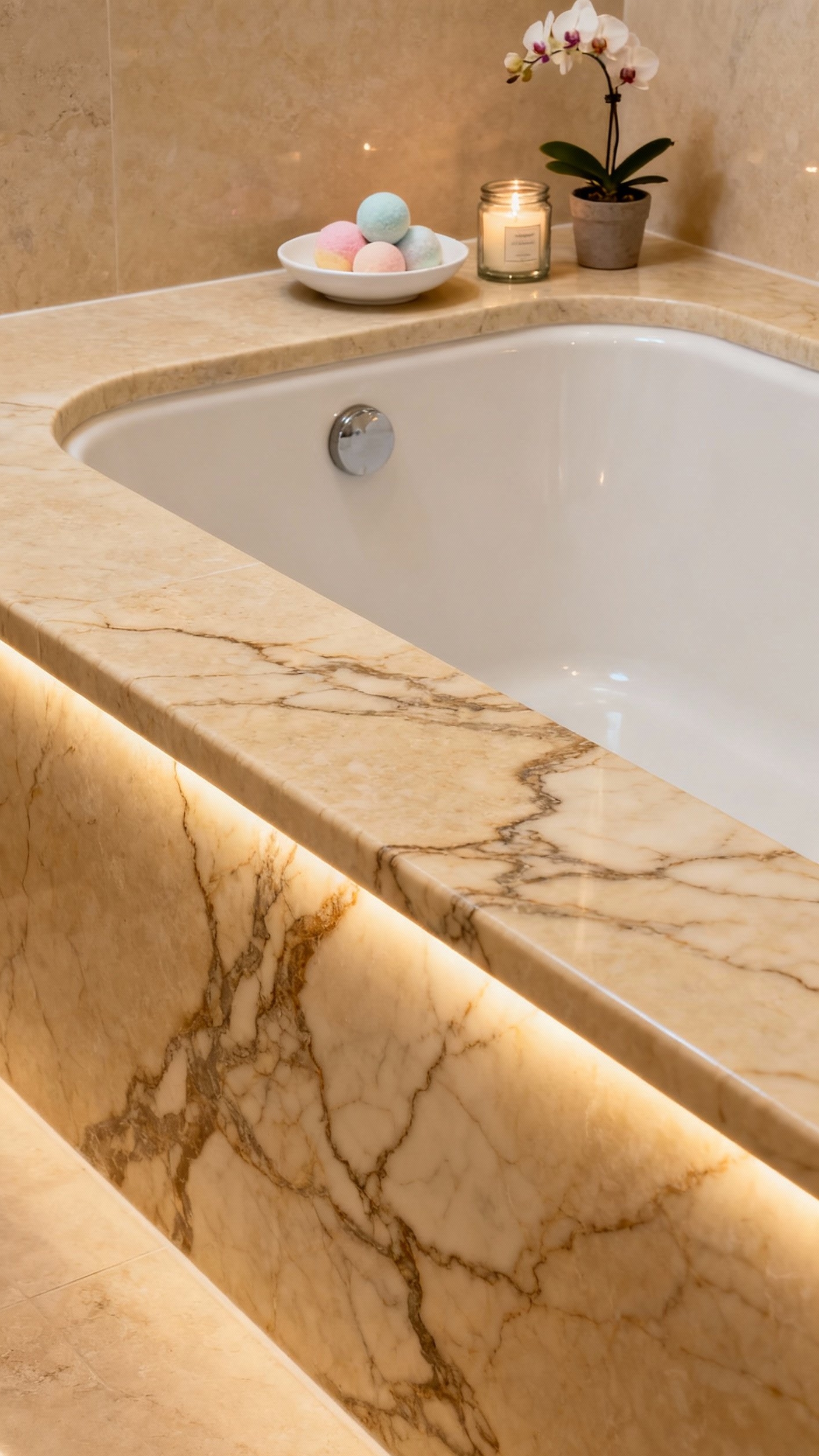 Beige marble bathroom - Beige Marble Bath: Elegant Details - Polished beige marble wraps around this built-in bathtub,...