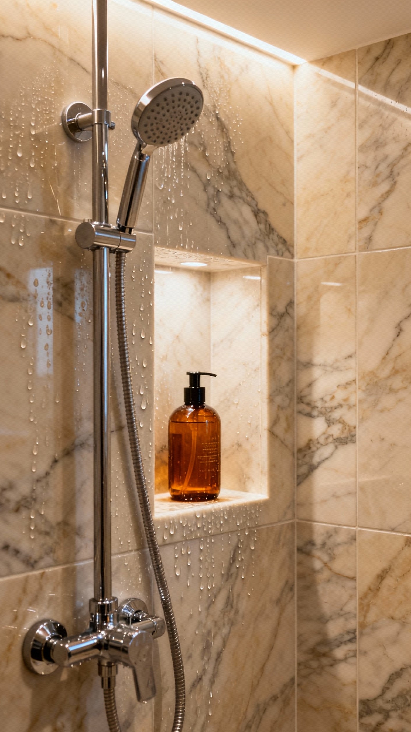 Beige marble bathroom - Beige Marble: A Shower of Luxury - The camera captures the serene beauty of a...
