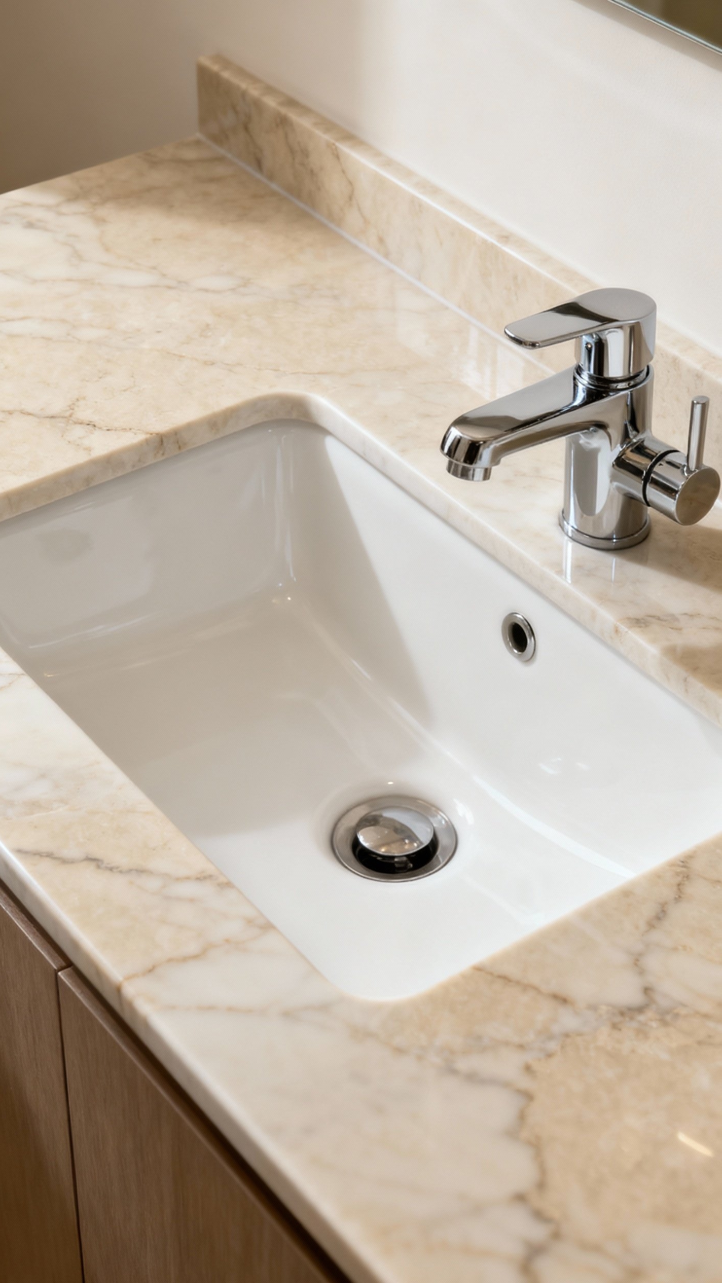 Beige marble bathroom - Beige Marble: A Bathroom's Warm Embrace - Beige marble flows across the countertop, creating a...