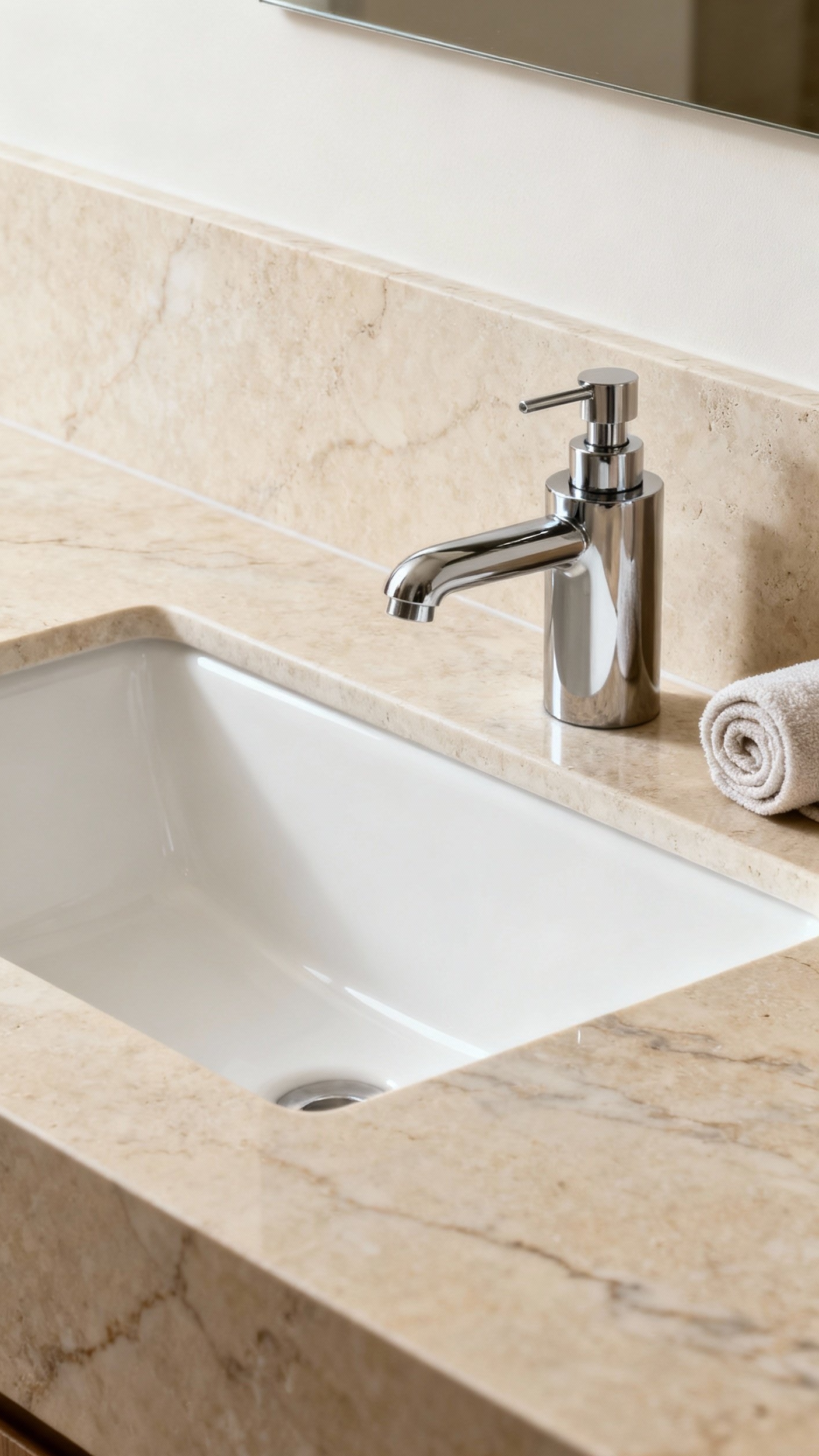 Beige marble bathroom - Beige Marble: Serene Bathroom Details - Honed beige marble flows across the countertop, its...