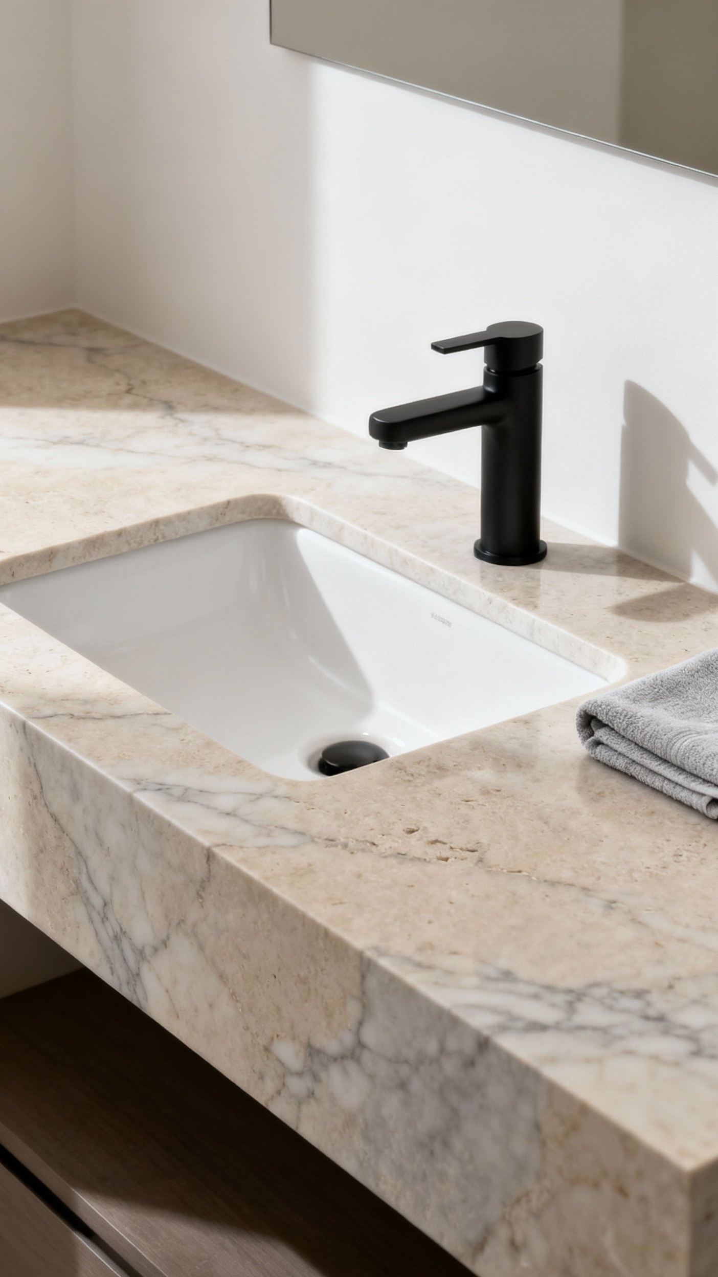 Beige marble bathroom - Beige Marble: Minimalist Bathroom Elegance - Honed beige marble flows across the countertop, showcasing...