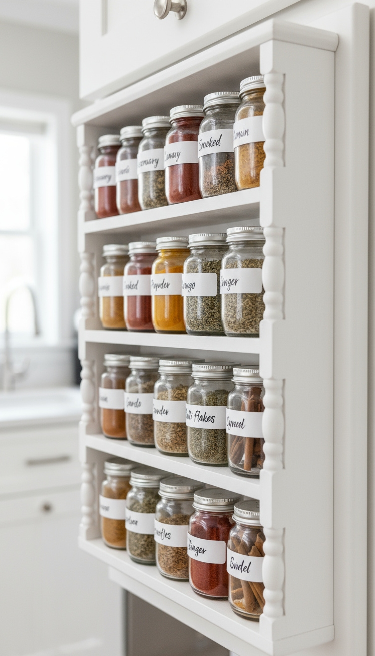 White Kitchen Ideas - White Kitchen: Organized Spice Rack Detail - Imagine opening a pristine white cabinet to reveal...
