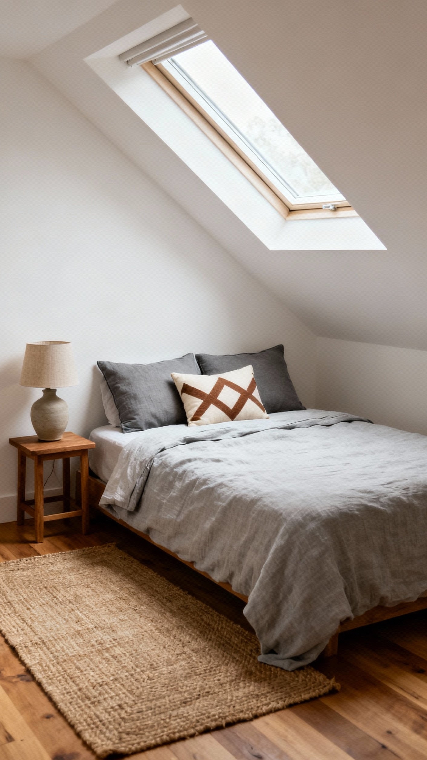 Neutral Tones Bedroom - Neutral Bedroom: Attic Oasis of Calm - Sunlight streams through a skylight and bathes this...