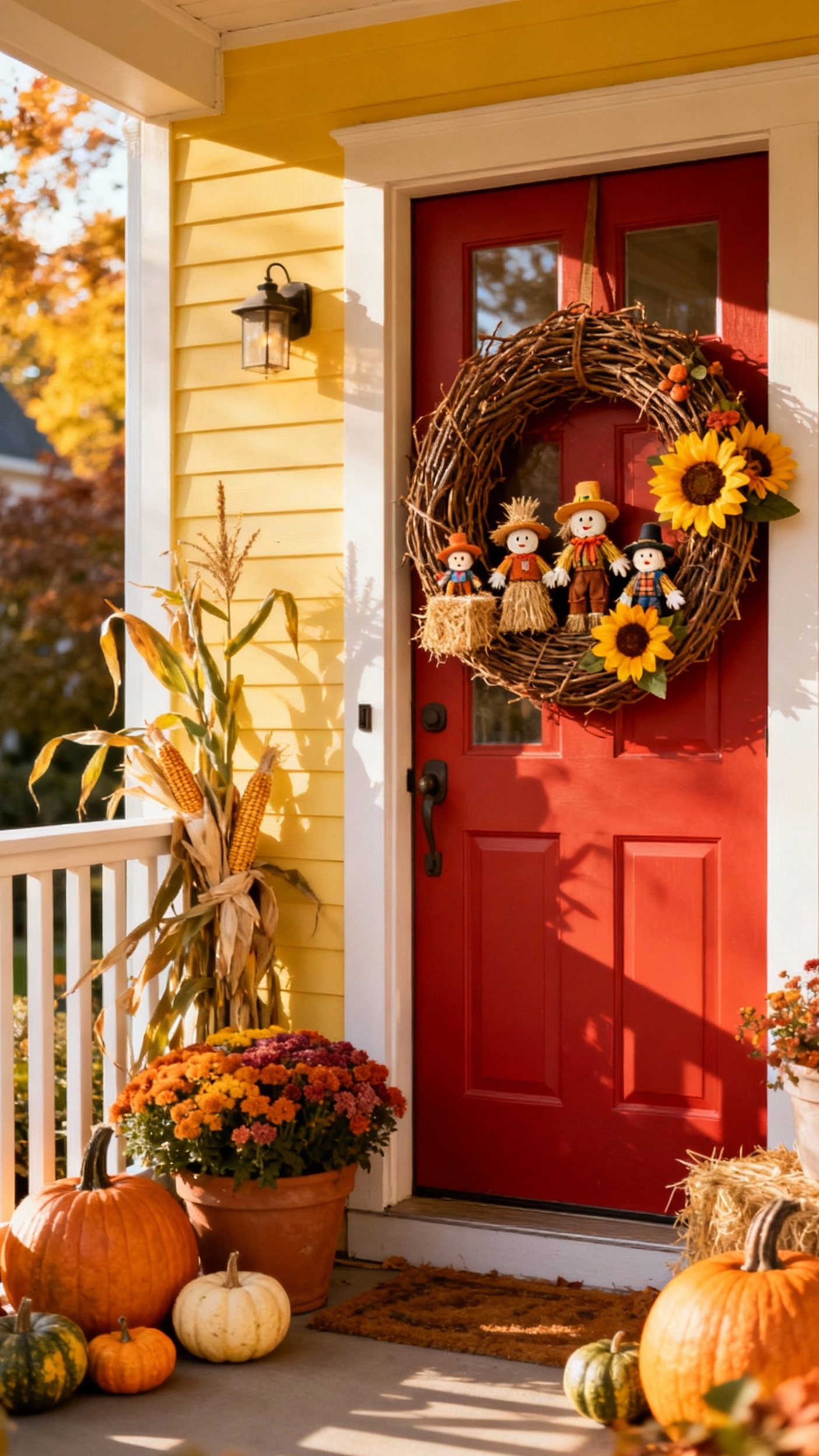 fall wreaths - Fall Wreaths: Porch-Perfect Autumn Style - A cheerful red door welcomes you with a...