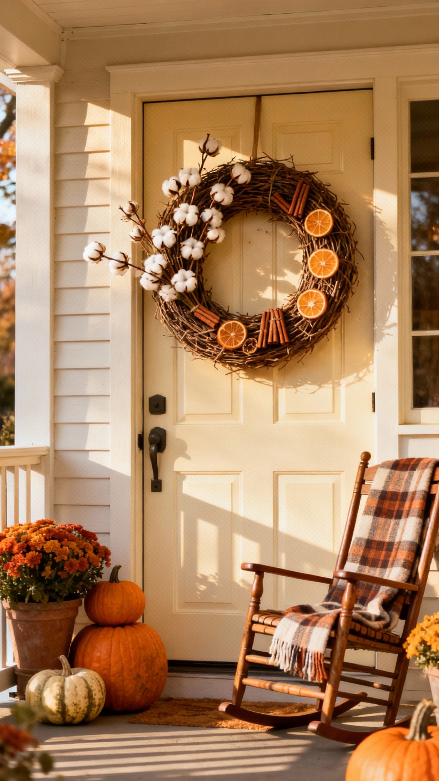 fall wreaths - Fall Wreaths: Rustic Charm for Your Door - A charming farmhouse porch welcomes you with open...