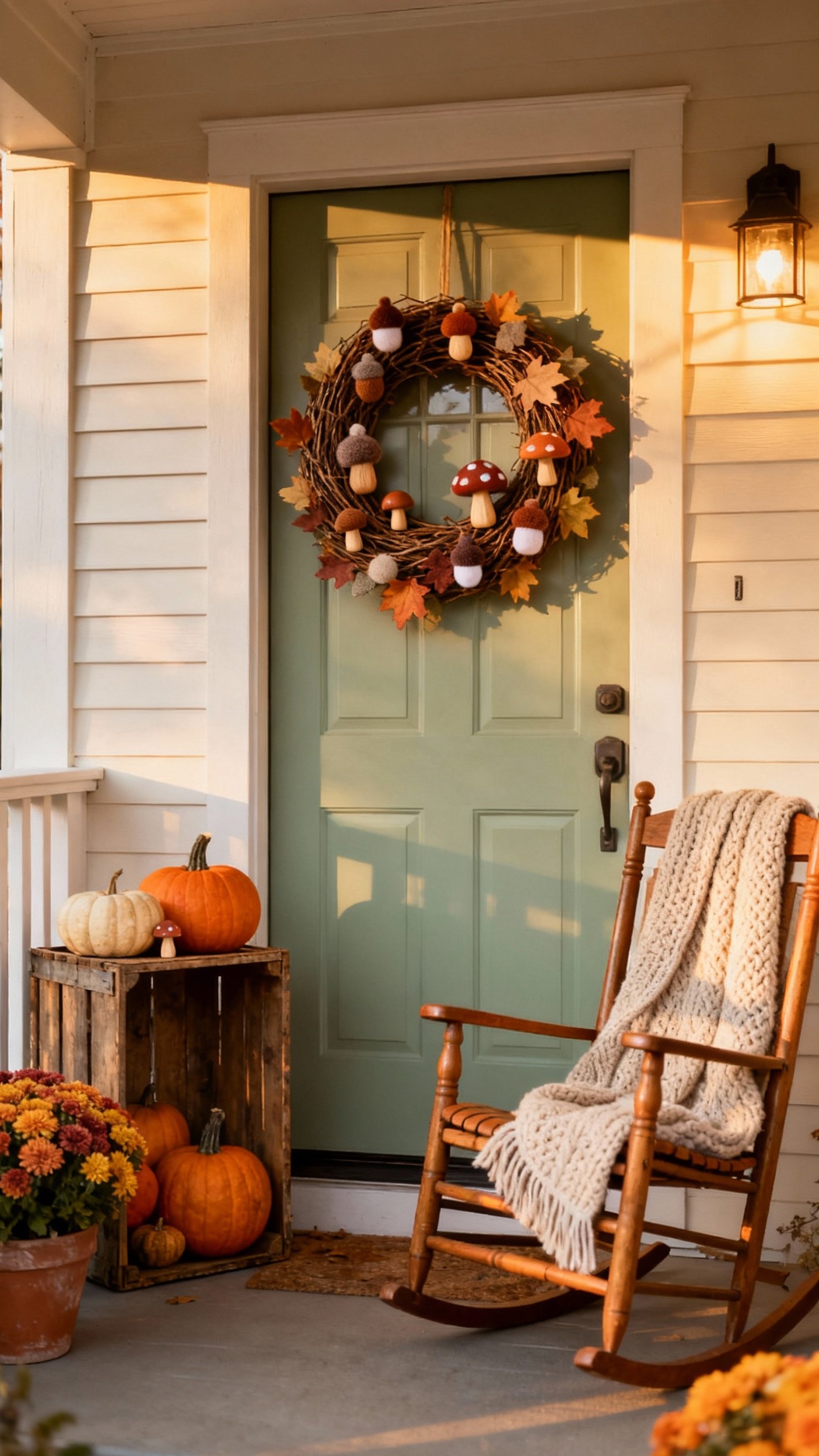fall wreaths - Fall Wreaths: Porch-Perfect Autumn Style - fall wreaths - A charming front porch welcomes visitors with a...