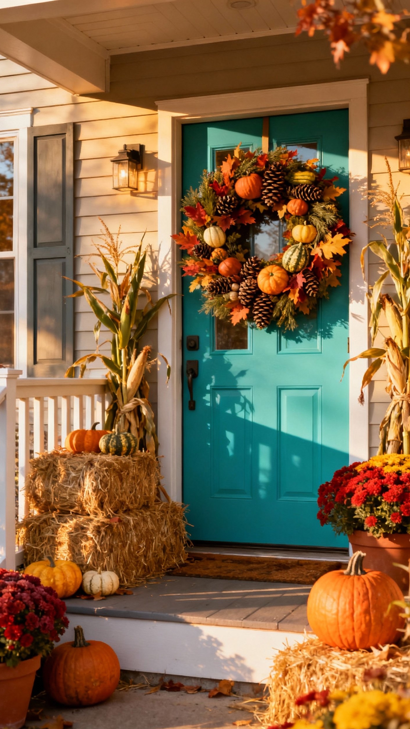 fall wreaths - Fall Wreaths: A Porch's Warm Welcome - A cheerful teal front door bursts with autumnal...