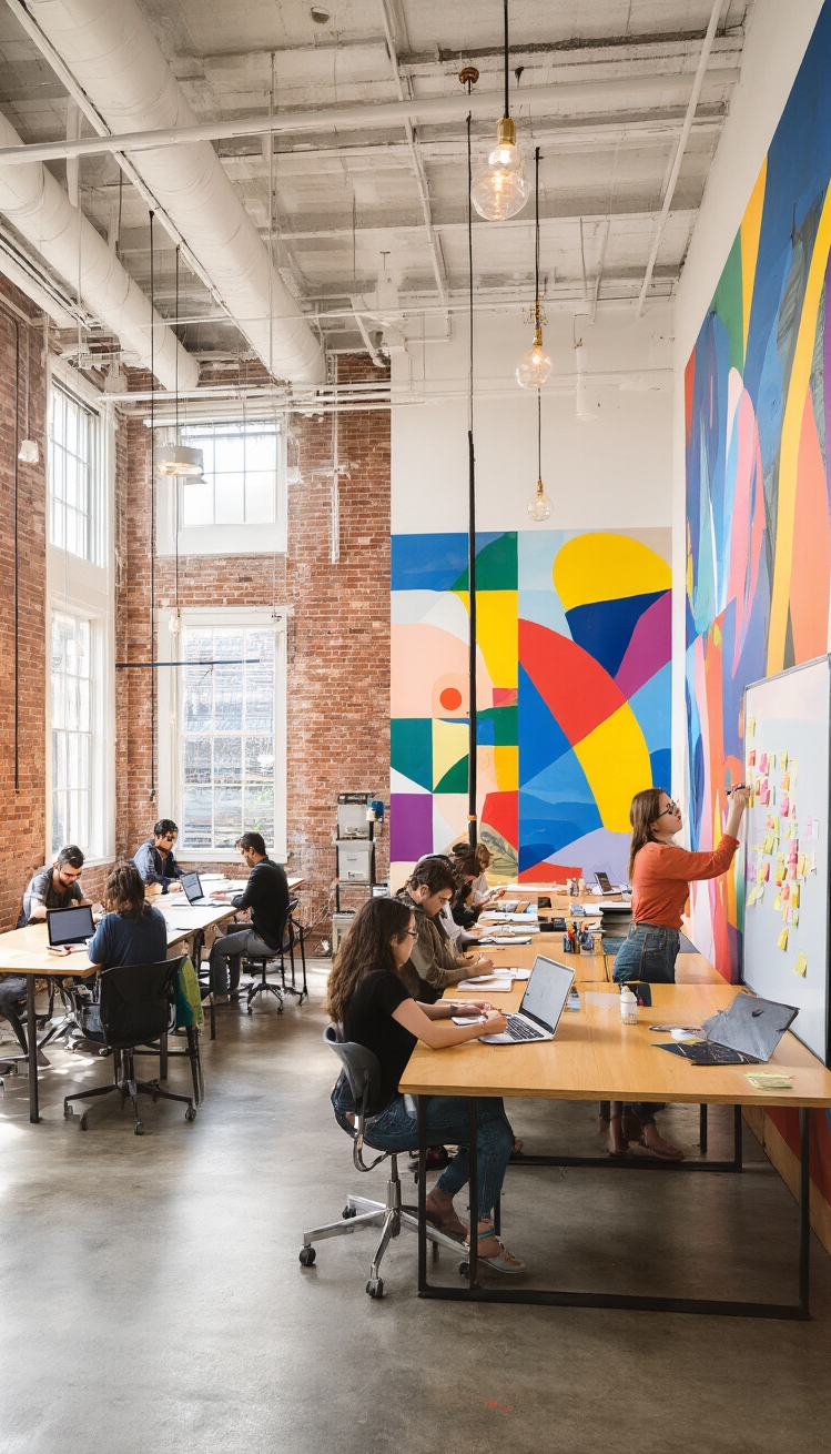 Building Graphic ideas - Spark Graphic Ideas: Design Inspiration - Sunlight streams through massive, industrial-style windows, illuminating a...
