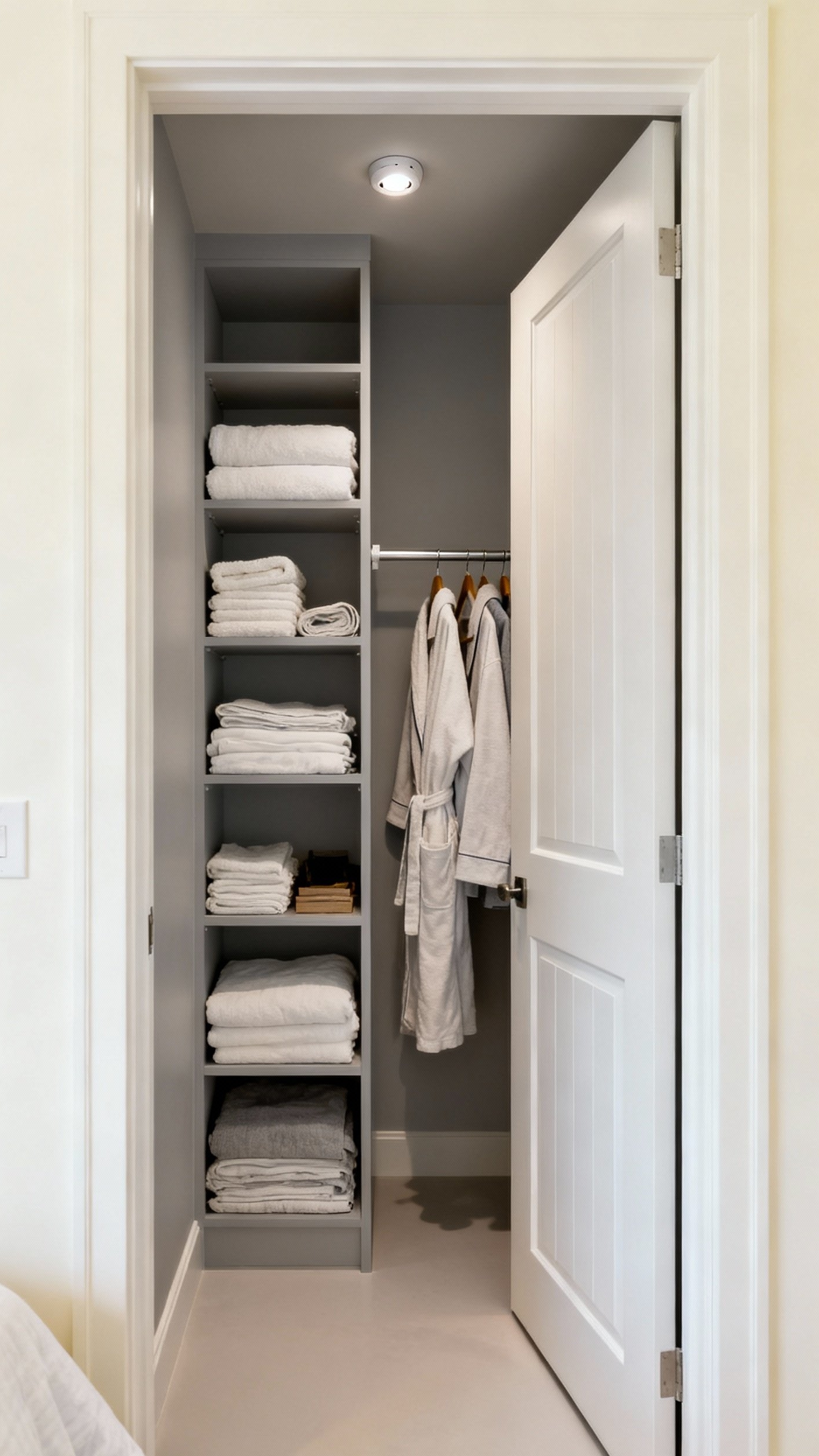 Small Closet Organization Bedroom - Small Closet, Big Bedroom Solution - Sage green walls embrace this linen closet turned...