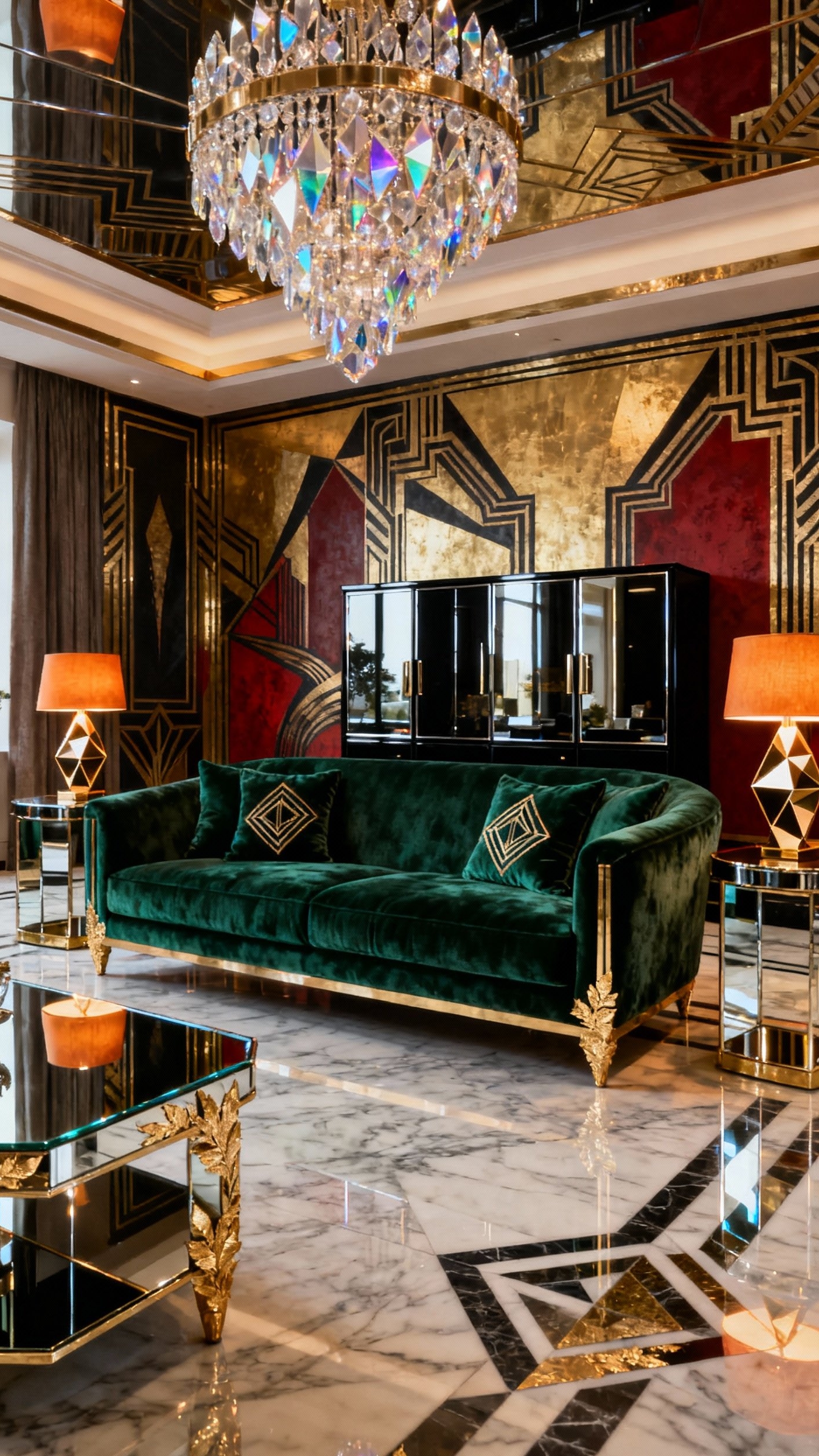 Living Room Inspo - Emerald Green Art Deco Glamour - This living room oozes Art Deco elegance and...
