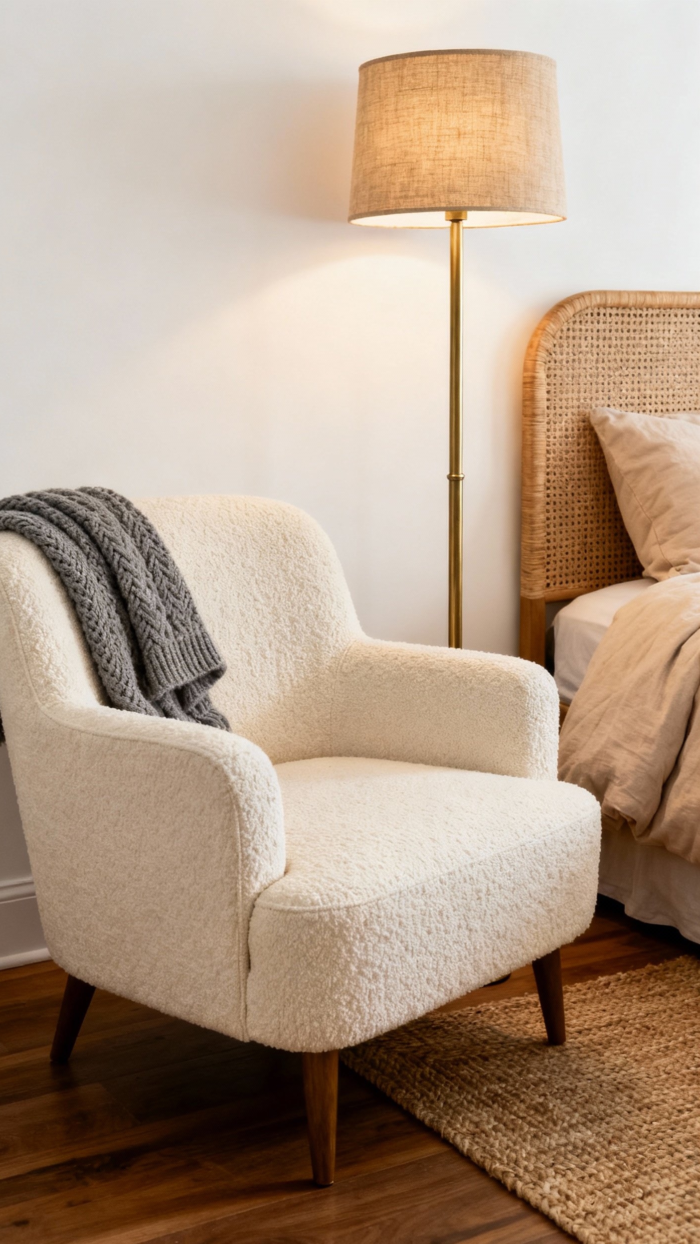 Neutral Tones Bedroom - Neutral Bedroom: Cozy Reading Nook - A cream-colored armchair beckons you to curl up...