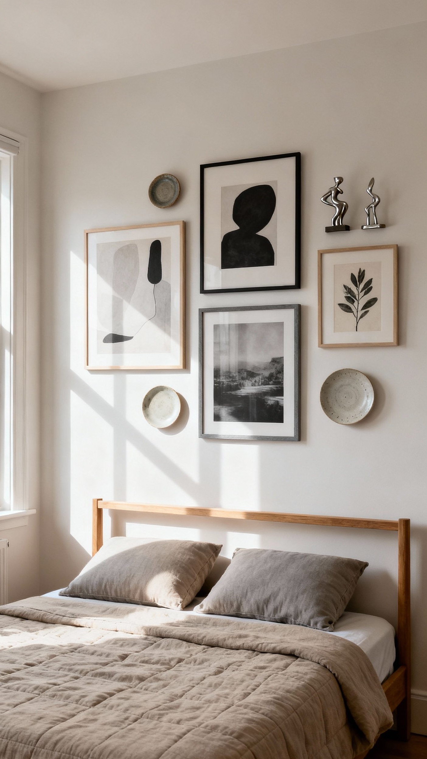 Neutral Tones Bedroom - Neutral Bedroom: Gallery Wall Focus - The bedroom exudes tranquility with its palette of...
