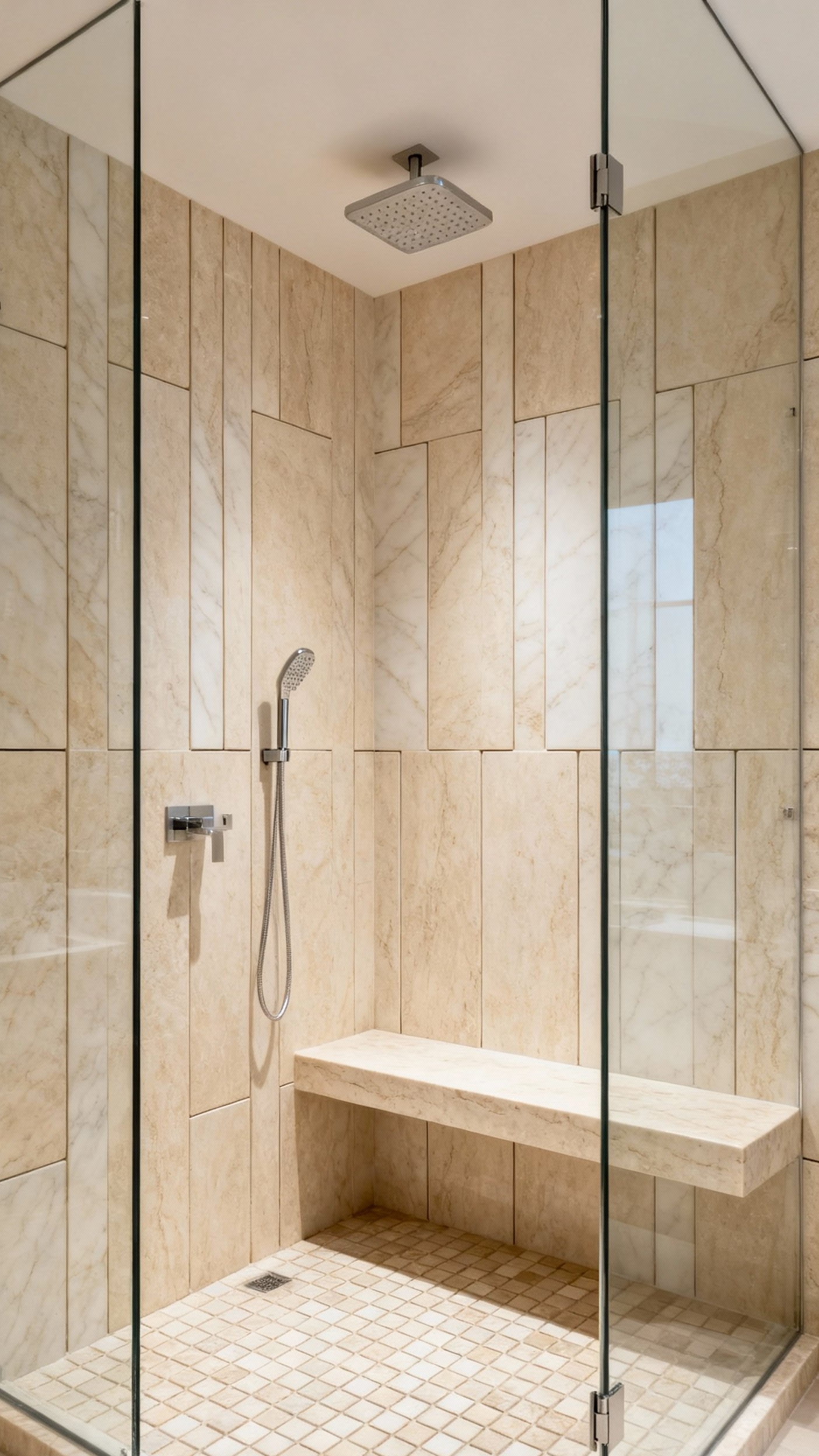 Beige marble bathroom - Beige Marble: A Spa-Like Shower - Beige marble envelops you in this bathroom, creating...