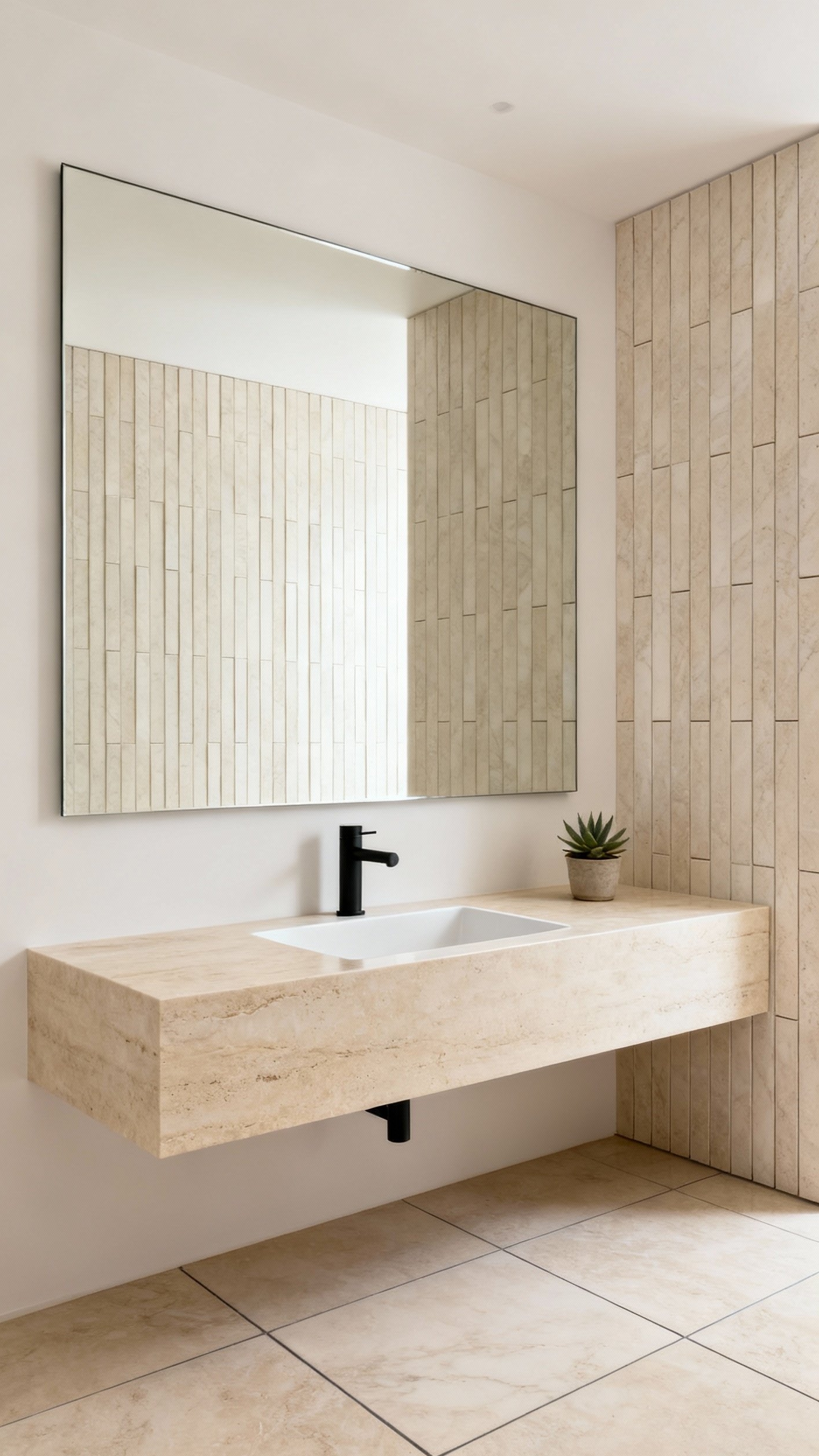 Beige marble bathroom - Beige Marble: Serene Bathroom Minimalism - Beige marble envelops this minimalist bathroom, creating a...