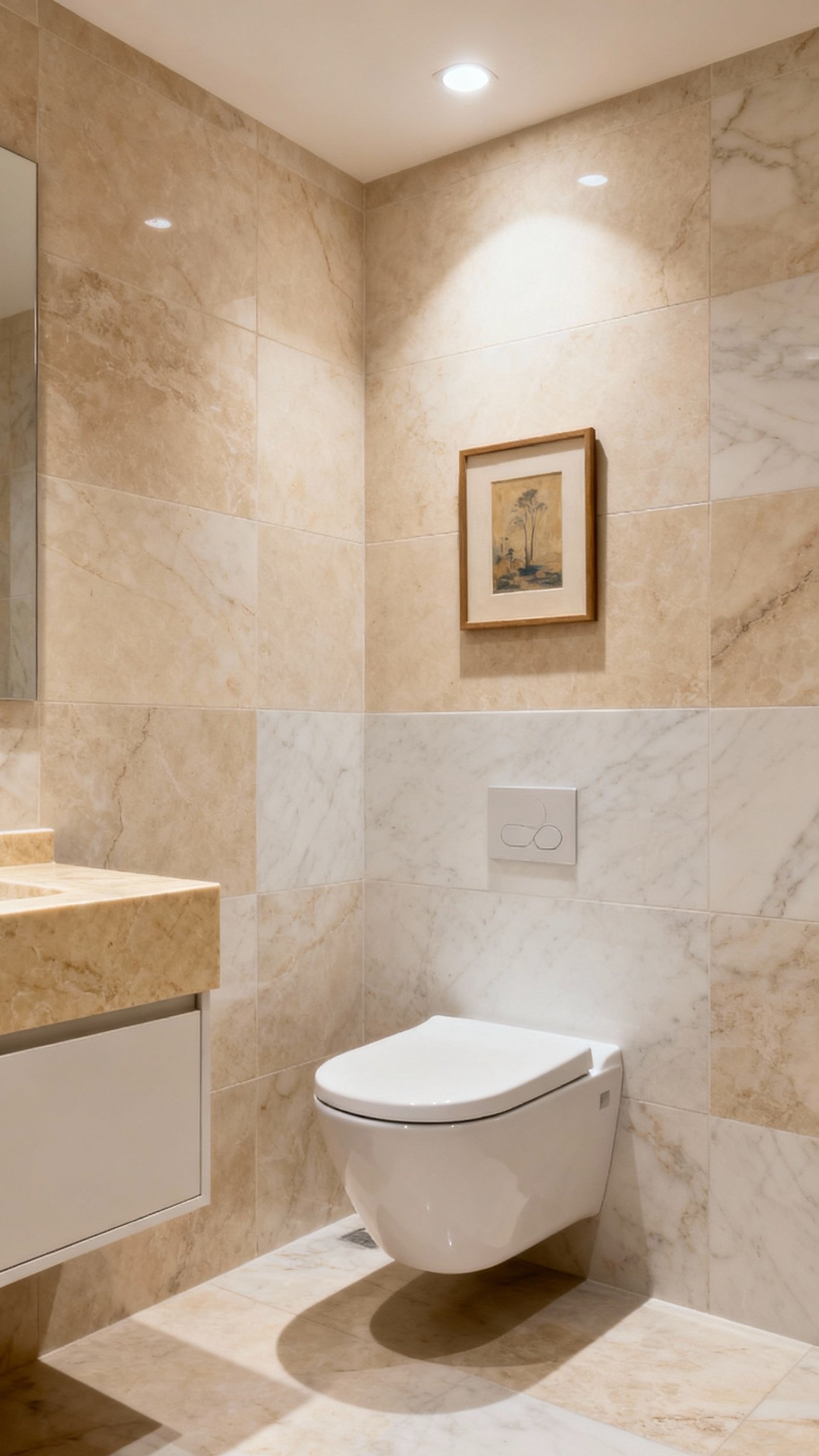 Beige marble bathroom - Beige Marble Bathroom: Serene Simplicity - Beige marble envelops this bathroom in warmth and...