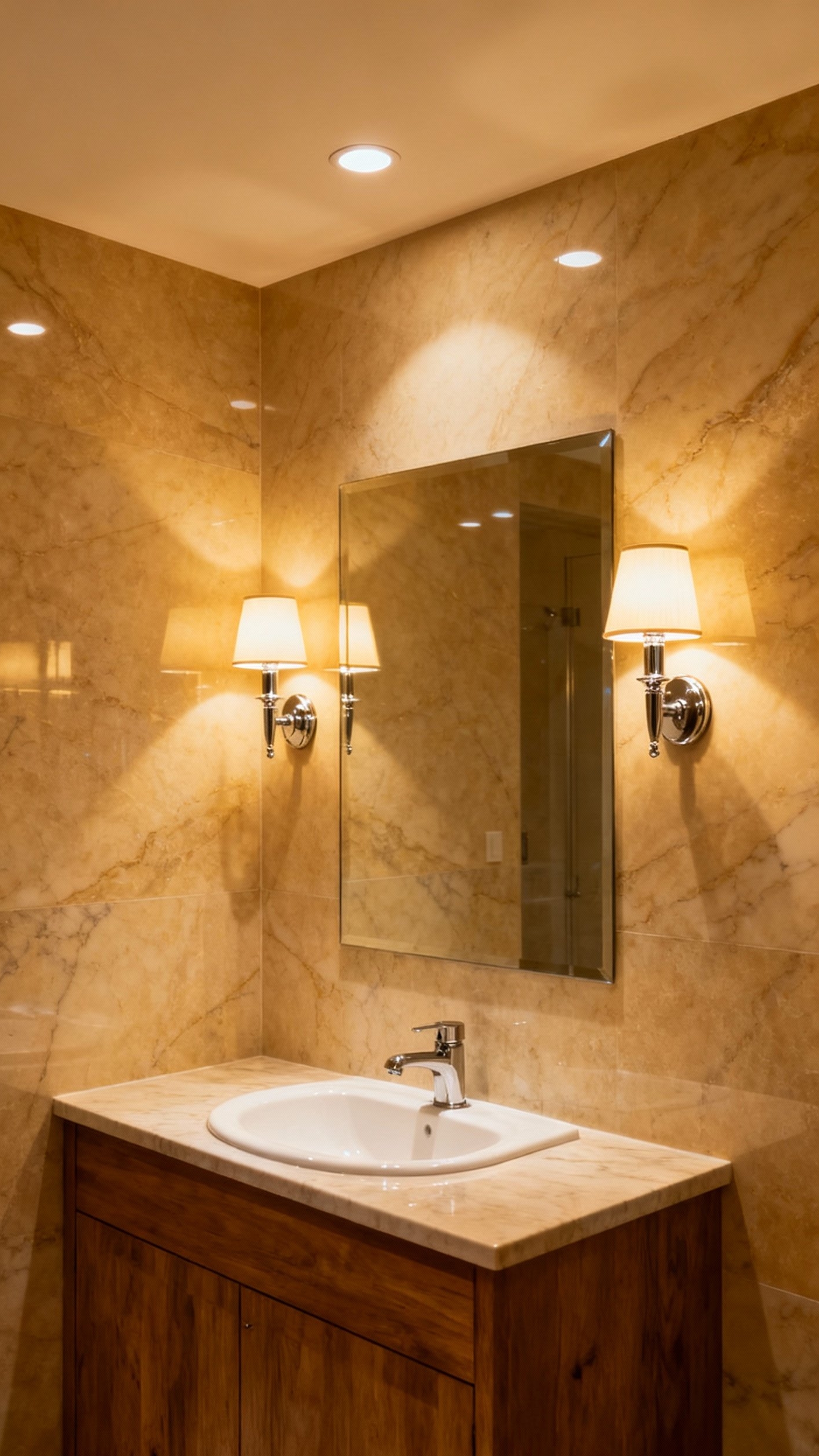 Beige marble bathroom - Beige Marble: Light and Luxury - Warm beige marble envelops this bathroom, immediately creating...
