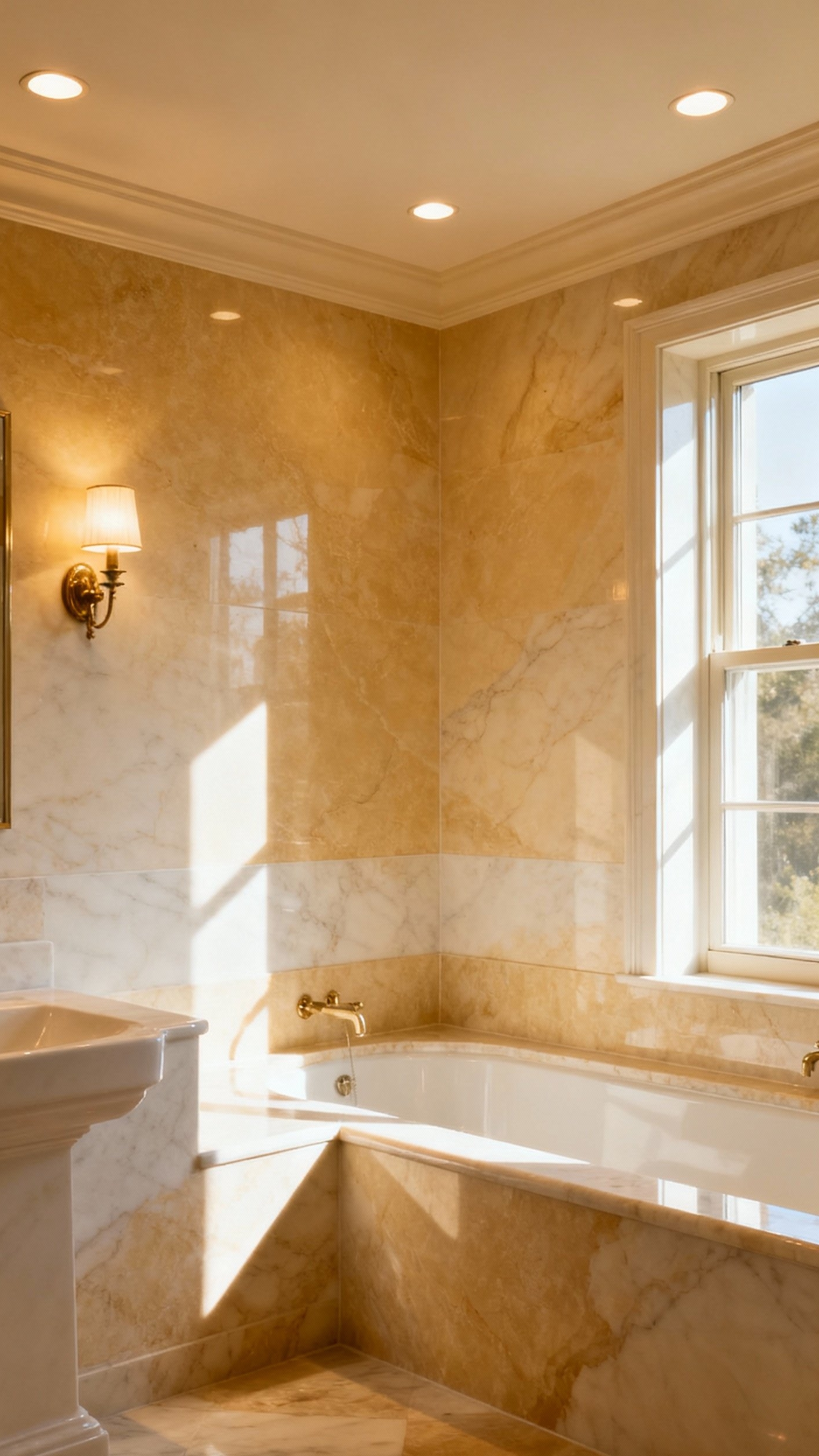 Beige marble bathroom - Beige Marble: Bathing in Warm Light - Warm light bathes this beige marble bathroom, creating...