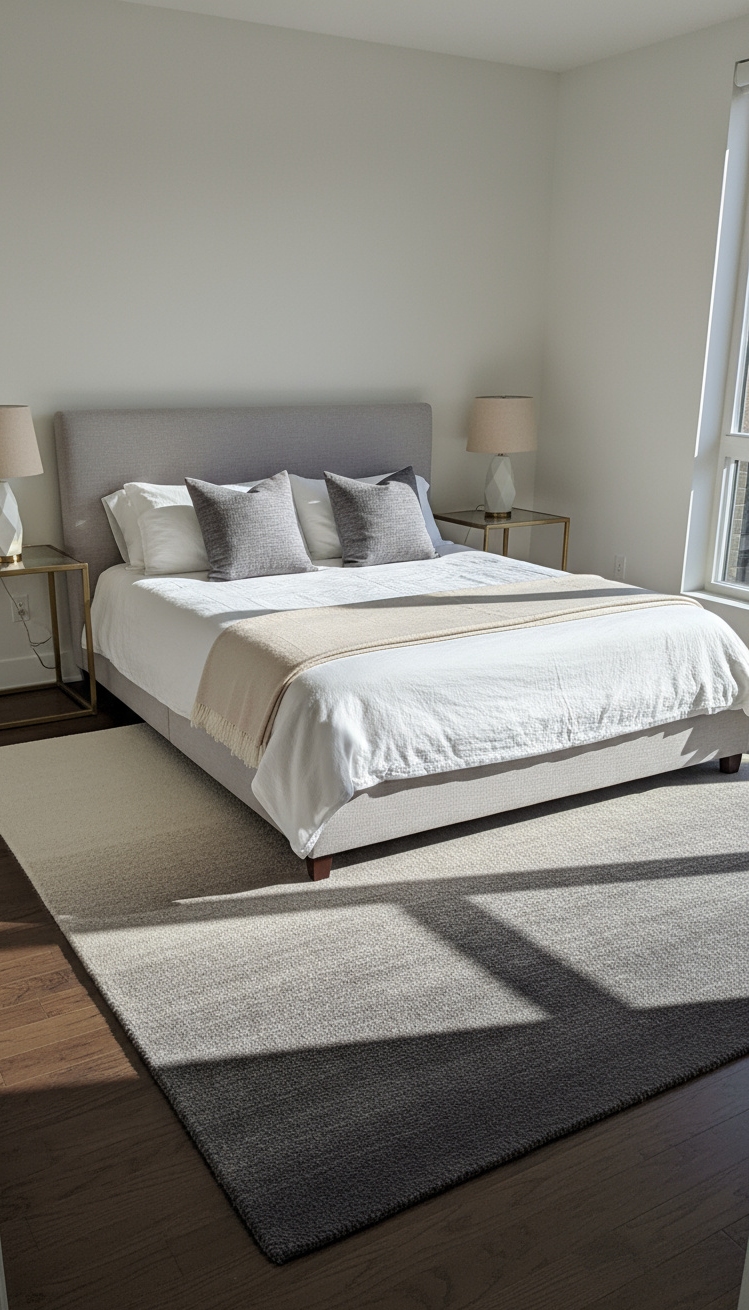 Neutral Rugs Bedroom - Neutral Rugs: Bedroom Bliss in Gradients - Sunlight streams into this contemporary bedroom, immediately drawing...