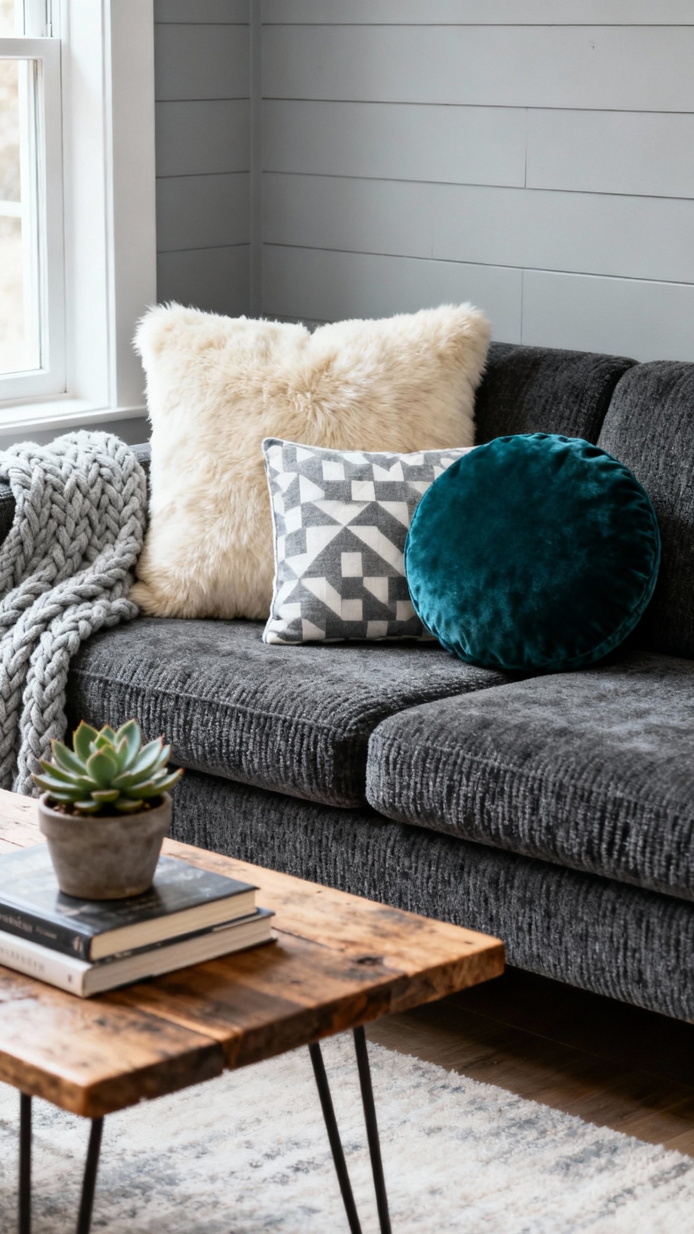 Dark Grey Couch Styling - Dark Grey Couch: Style It Right - A dark grey chenille couch anchors this inviting...
