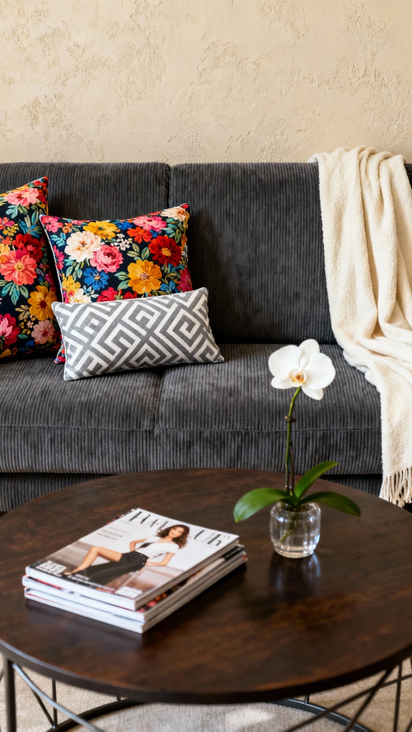 Dark Grey Couch Styling - Dark Grey Couch: Style Inspiration - A dark grey, corduroy couch anchors this inviting...